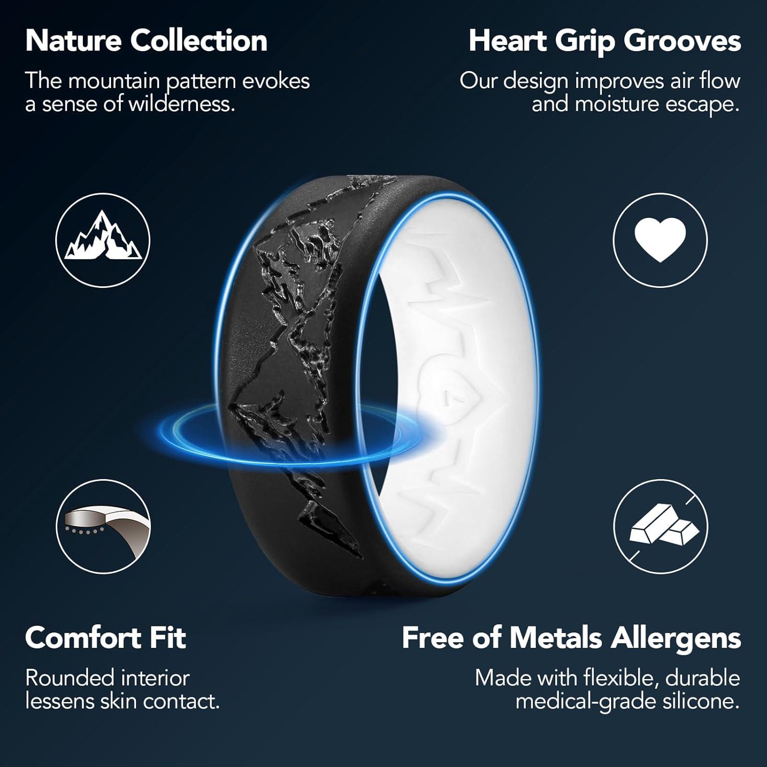 imageKing Will Silicone Rings For Men Rubber Wedding Bands with Unique Mountain Peak Design Multiple Colors 8mm Wide 22mm Thick Comfort Fit Size 713Black White