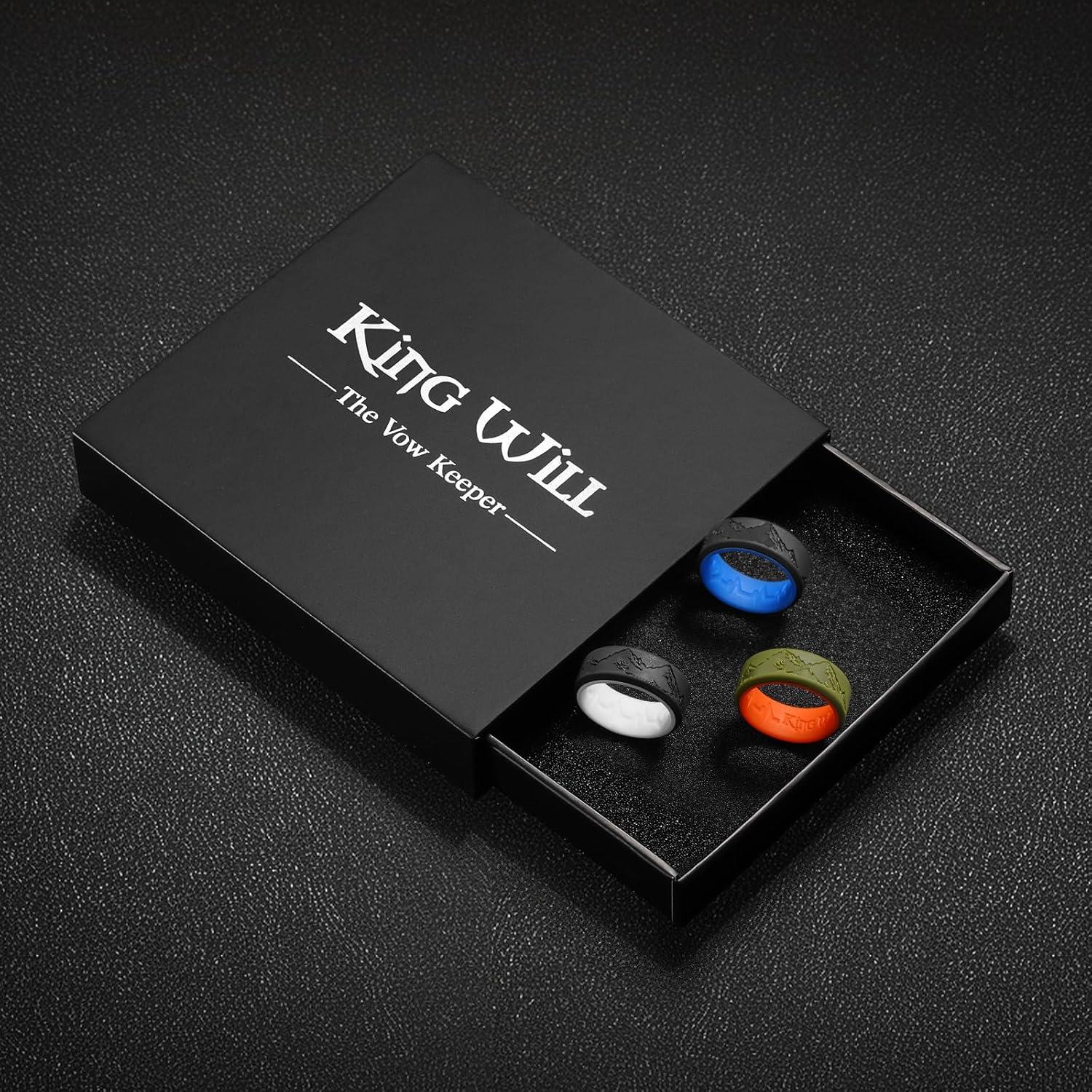 imageKing Will Silicone Rings For Men Rubber Wedding Bands with Unique Mountain Peak Design Multiple Colors 8mm Wide 22mm Thick Comfort Fit Size 713Black Blue Black White Olive Green Orange