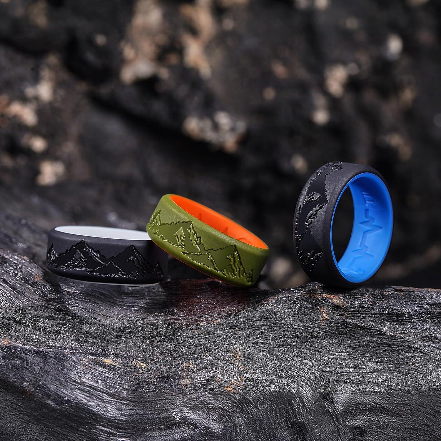 imageKing Will Silicone Rings For Men Rubber Wedding Bands with Unique Mountain Peak Design Multiple Colors 8mm Wide 22mm Thick Comfort Fit Size 713Black Blue Black White Olive Green Orange