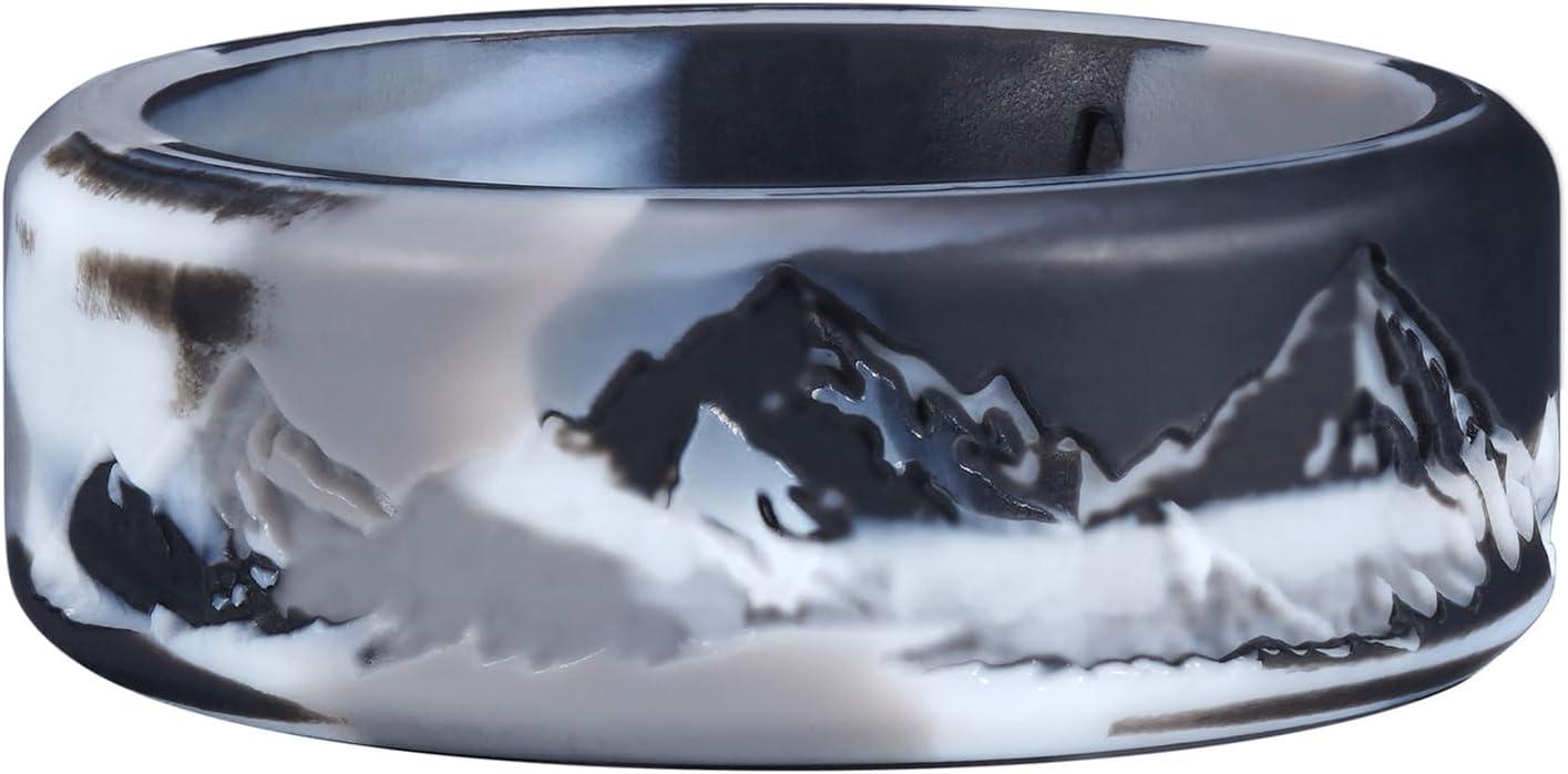 imageKing Will Silicone Rings For Men Rubber Wedding Bands with Unique Mountain Peak Design Multiple Colors 8mm Wide 22mm Thick Comfort Fit Size 713Black  Gray Camouflage