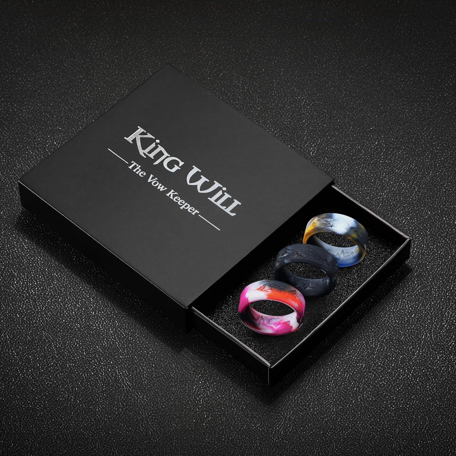 imageKing Will Silicone Rings For Men Rubber Wedding Bands with Unique Mountain Peak Design Multiple Colors 8mm Wide 22mm Thick Comfort Fit Size 713Black White Yellow Blue White Black Red White Camo