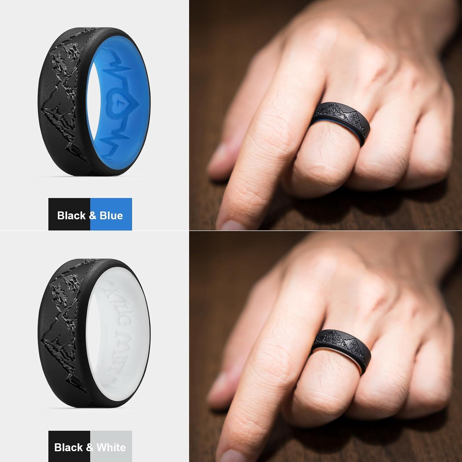 imageKing Will Silicone Rings For Men Rubber Wedding Bands with Unique Mountain Peak Design Multiple Colors 8mm Wide 22mm Thick Comfort Fit Size 713BlackBlue BlackWhite
