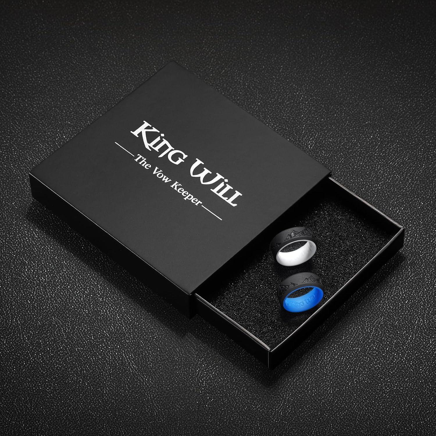 imageKing Will Silicone Rings For Men Rubber Wedding Bands with Unique Mountain Peak Design Multiple Colors 8mm Wide 22mm Thick Comfort Fit Size 713BlackBlue BlackWhite