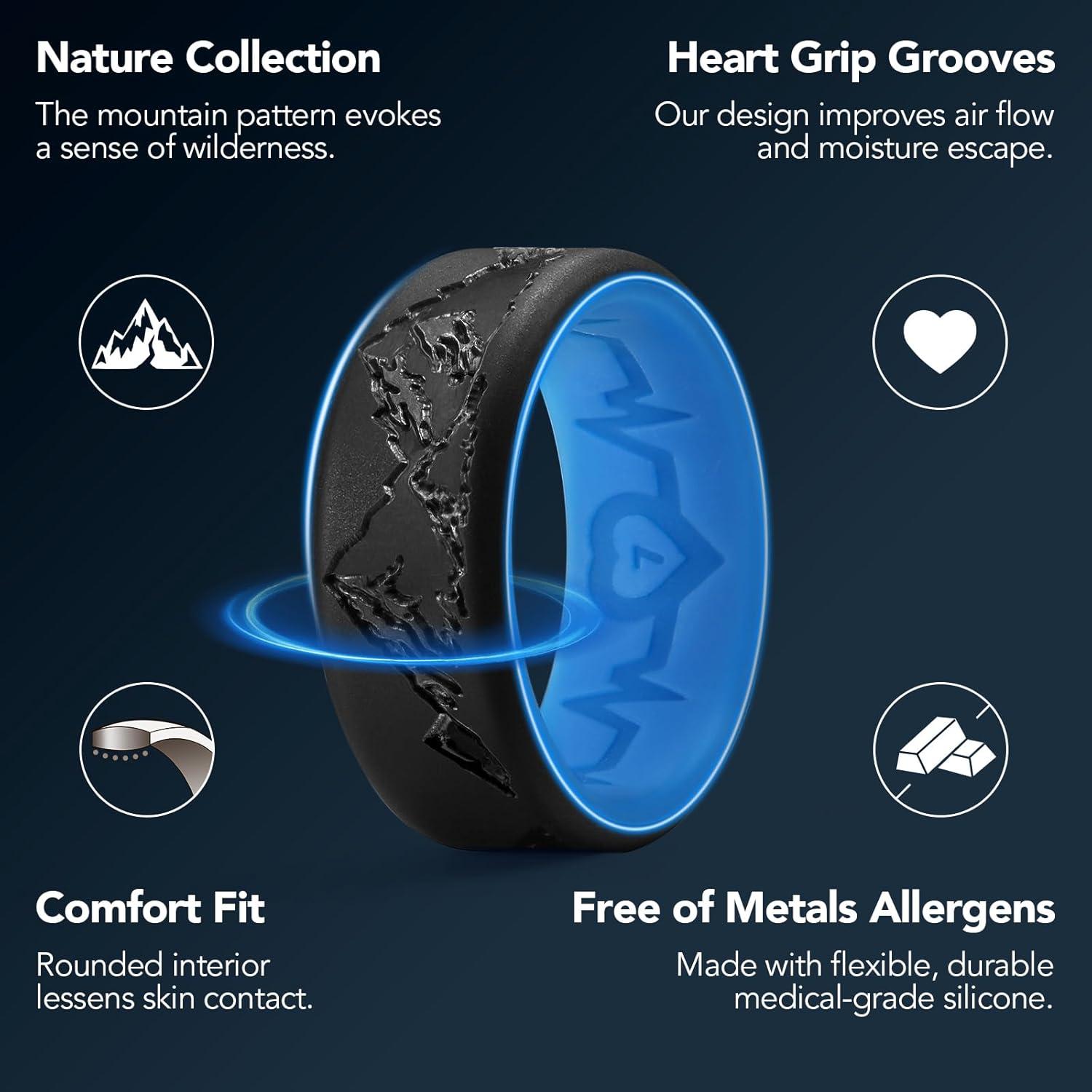 imageKing Will Silicone Rings For Men Rubber Wedding Bands with Unique Mountain Peak Design Multiple Colors 8mm Wide 22mm Thick Comfort Fit Size 713BlackBlue BlackWhite