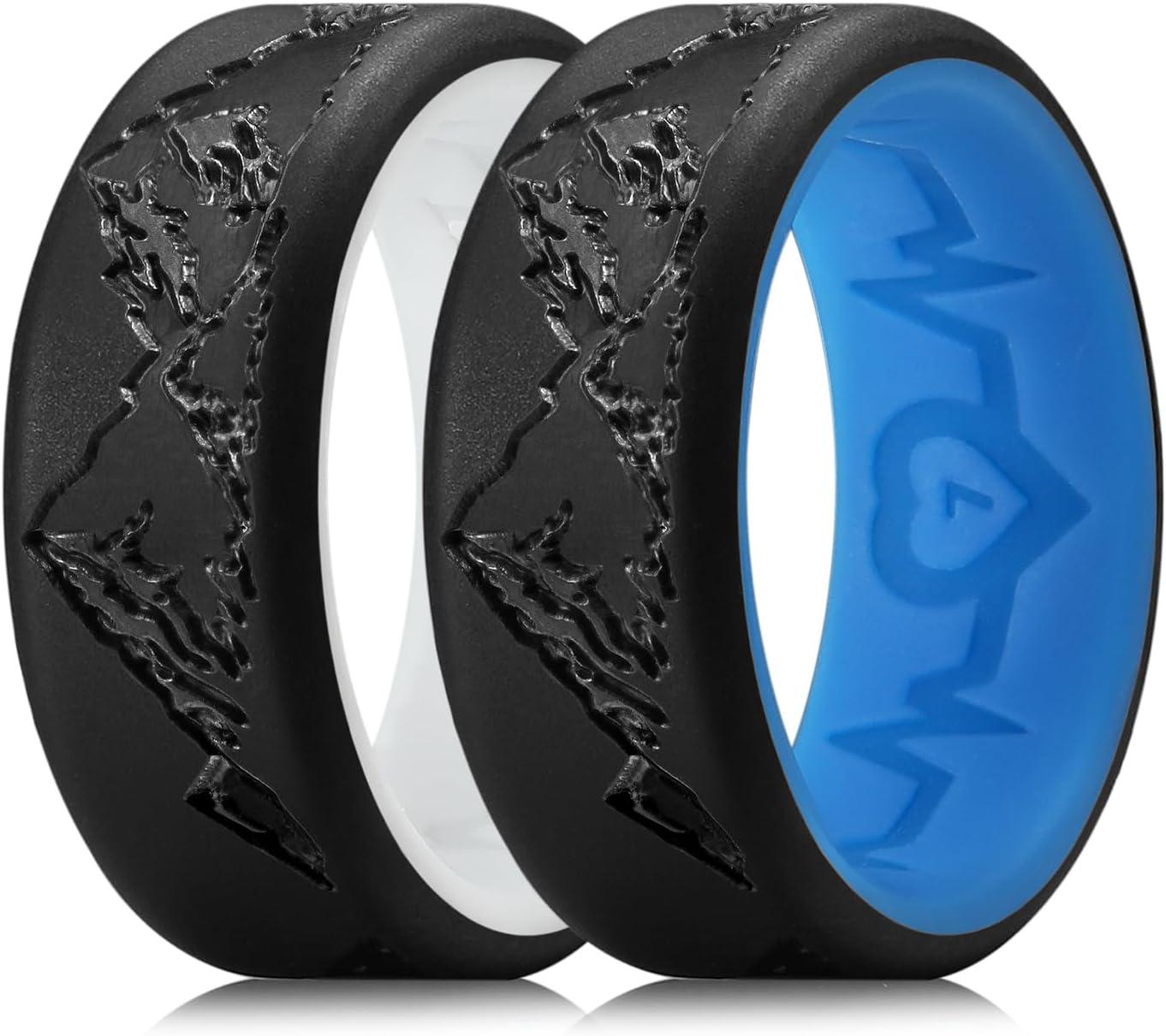 imageKing Will Silicone Rings For Men Rubber Wedding Bands with Unique Mountain Peak Design Multiple Colors 8mm Wide 22mm Thick Comfort Fit Size 713BlackBlue BlackWhite