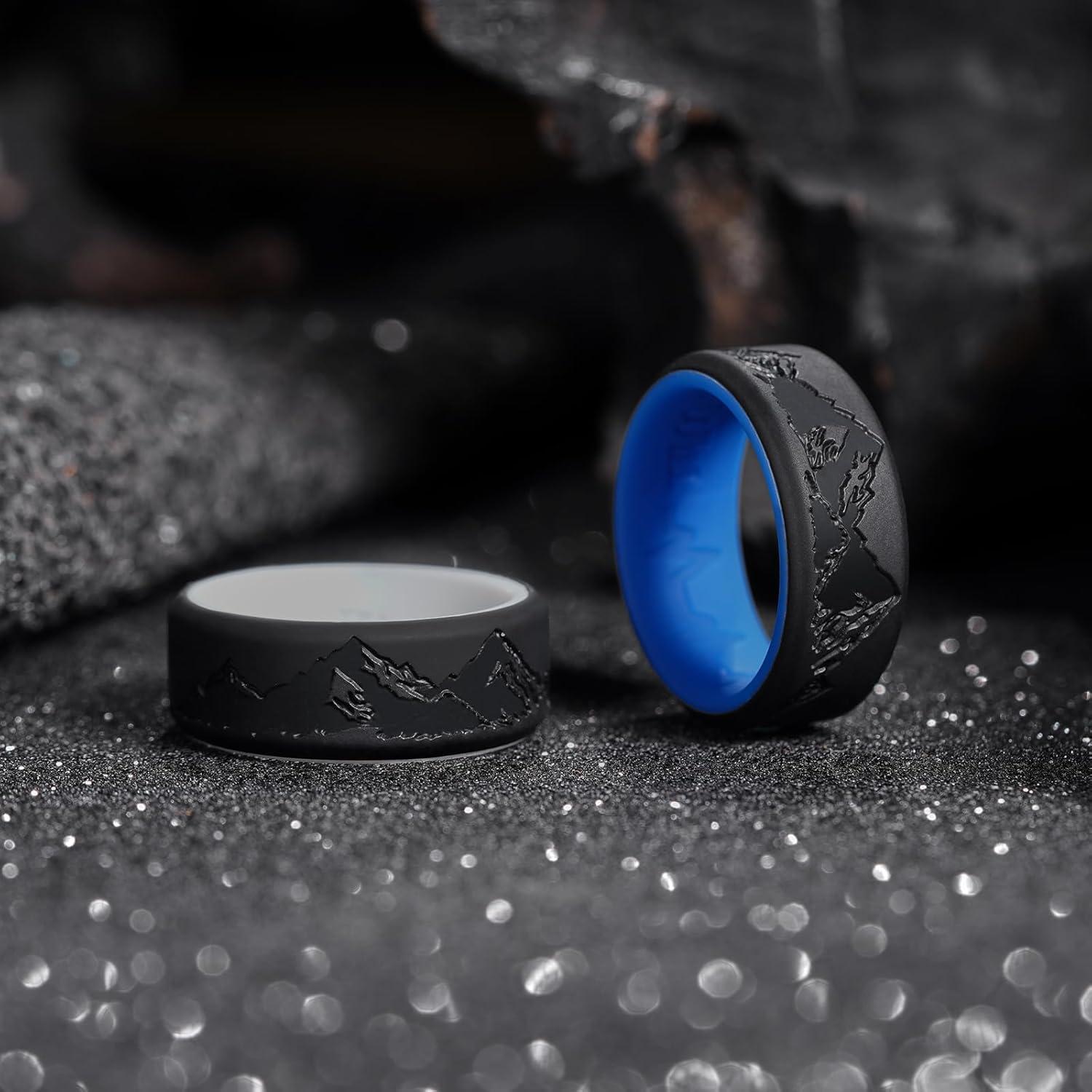 imageKing Will Silicone Rings For Men Rubber Wedding Bands with Unique Mountain Peak Design Multiple Colors 8mm Wide 22mm Thick Comfort Fit Size 713BlackBlue BlackWhite