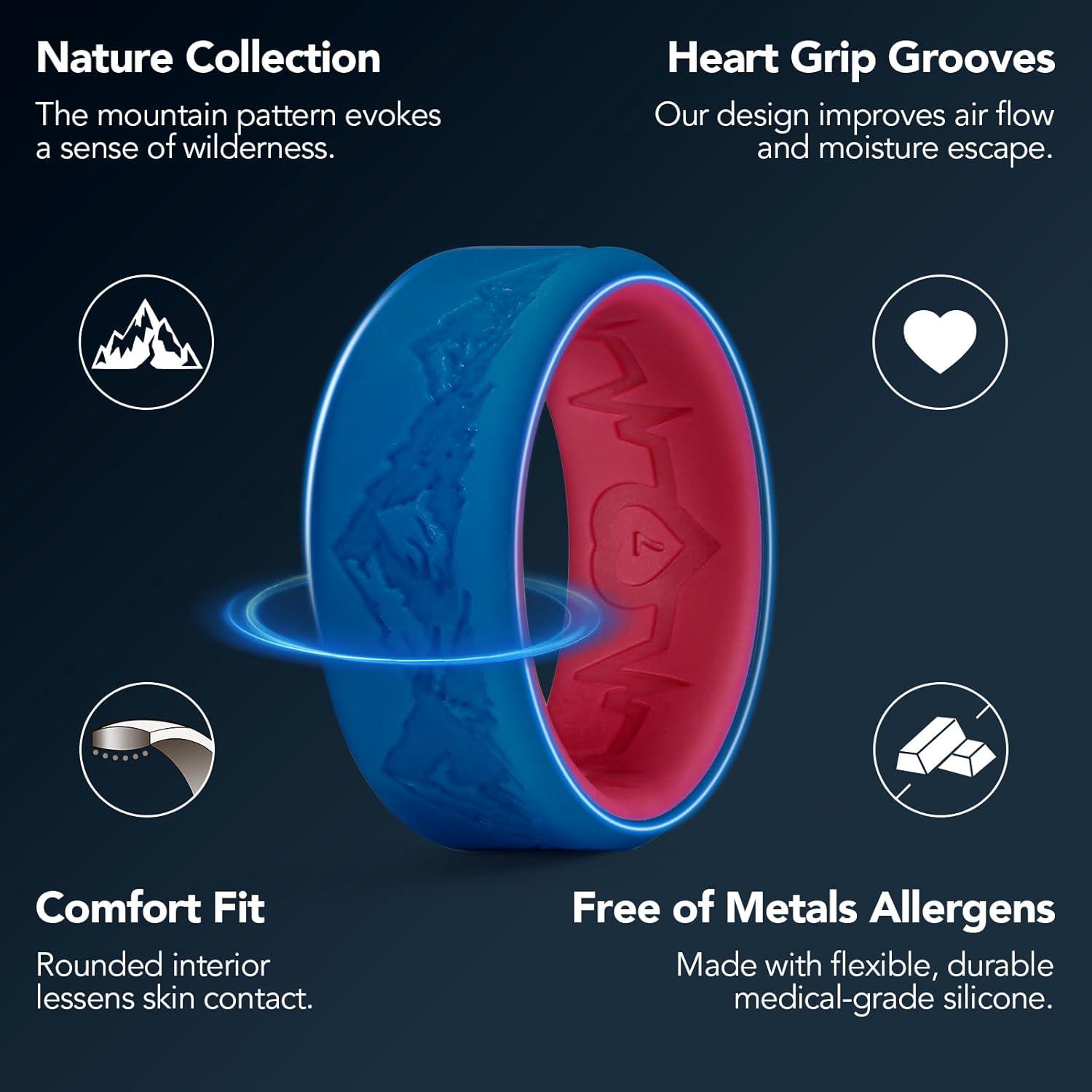 imageKing Will Silicone Rings For Men Rubber Wedding Bands with Unique Mountain Peak Design Multiple Colors 8mm Wide 22mm Thick Comfort Fit Size 713Blue Red