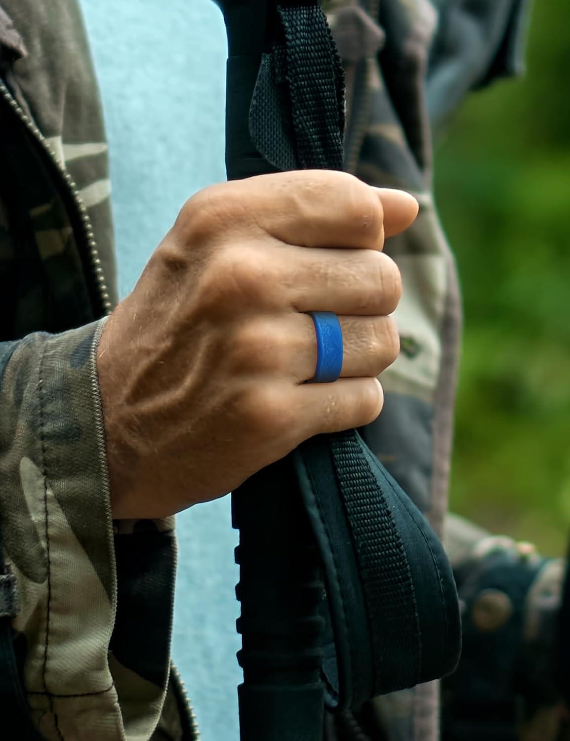 imageKing Will Silicone Rings For Men Rubber Wedding Bands with Unique Mountain Peak Design Multiple Colors 8mm Wide 22mm Thick Comfort Fit Size 713Blue Red