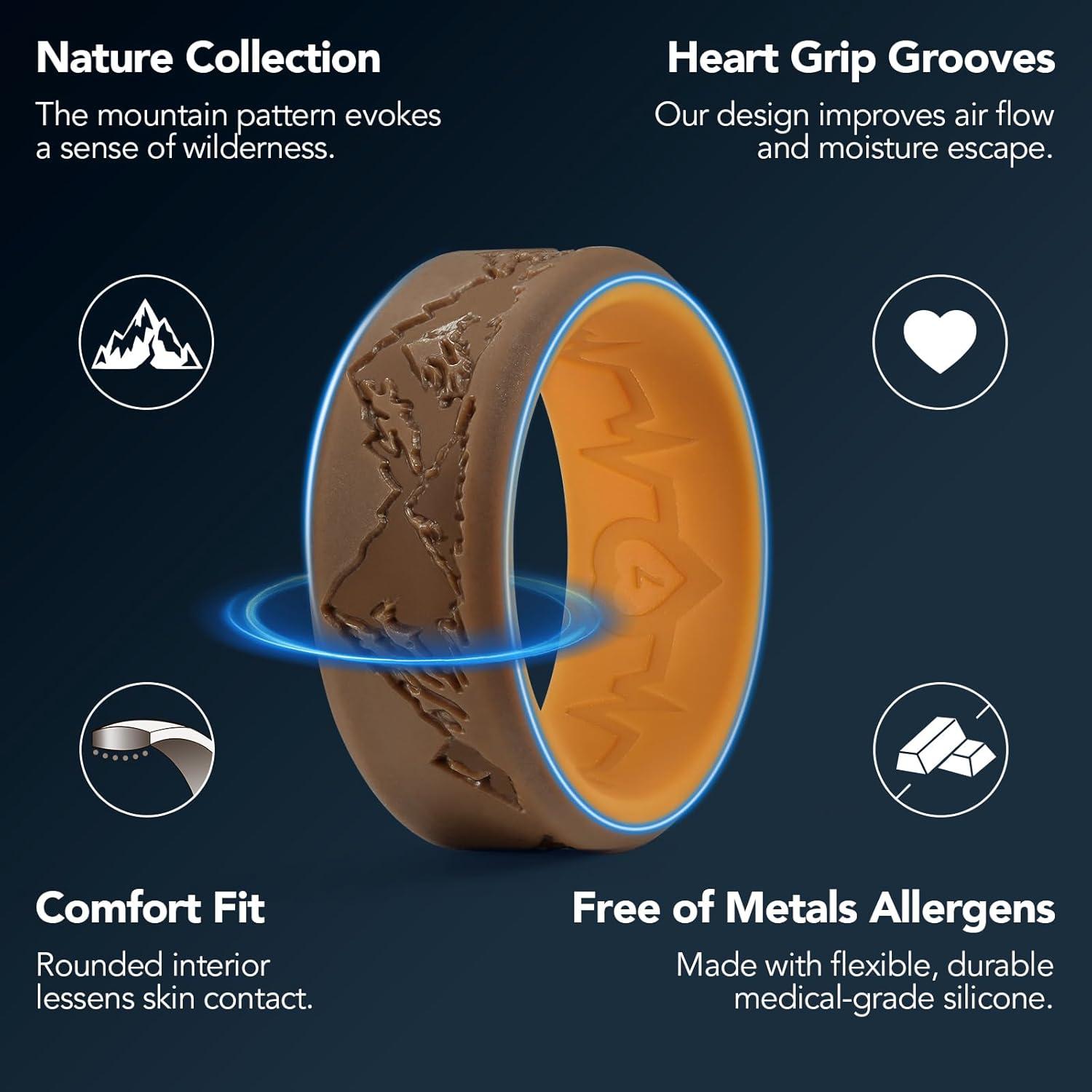 imageKing Will Silicone Rings For Men Rubber Wedding Bands with Unique Mountain Peak Design Multiple Colors 8mm Wide 22mm Thick Comfort Fit Size 713Brown Chestnut yellow