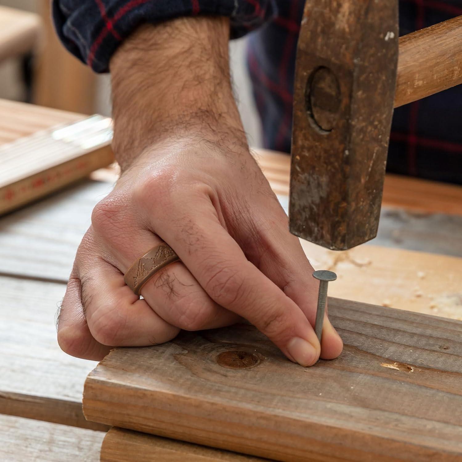 imageKing Will Silicone Rings For Men Rubber Wedding Bands with Unique Mountain Peak Design Multiple Colors 8mm Wide 22mm Thick Comfort Fit Size 713Brown Chestnut yellow