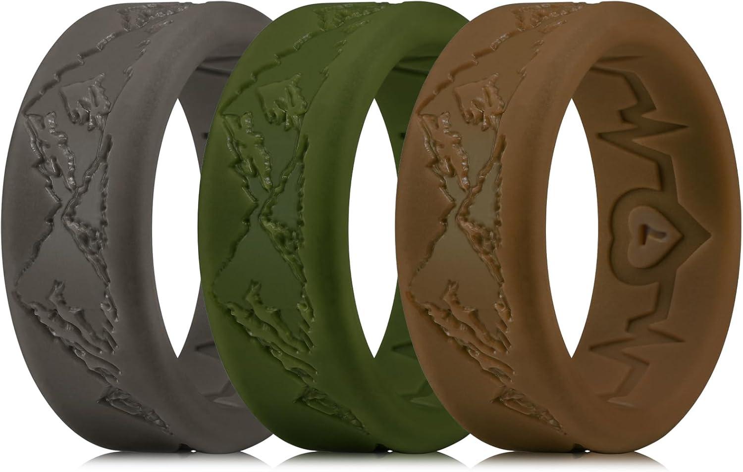 imageKing Will Silicone Rings For Men Rubber Wedding Bands with Unique Mountain Peak Design Multiple Colors 8mm Wide 22mm Thick Comfort Fit Size 713Dark grey Green Brown
