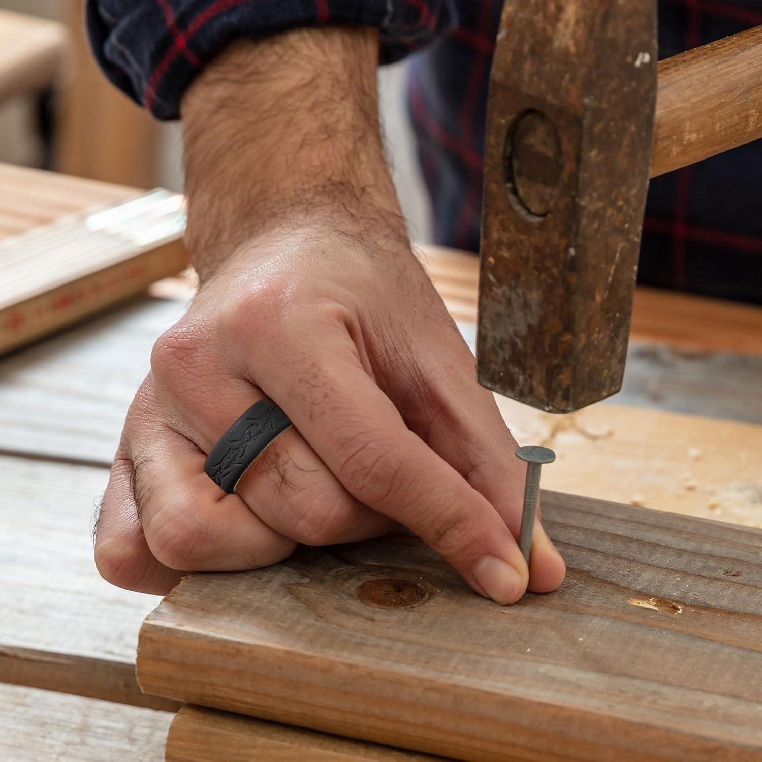 imageKing Will Silicone Rings For Men Rubber Wedding Bands with Unique Mountain Peak Design Multiple Colors 8mm Wide 22mm Thick Comfort Fit Size 713Dark grey Light blue Thorns