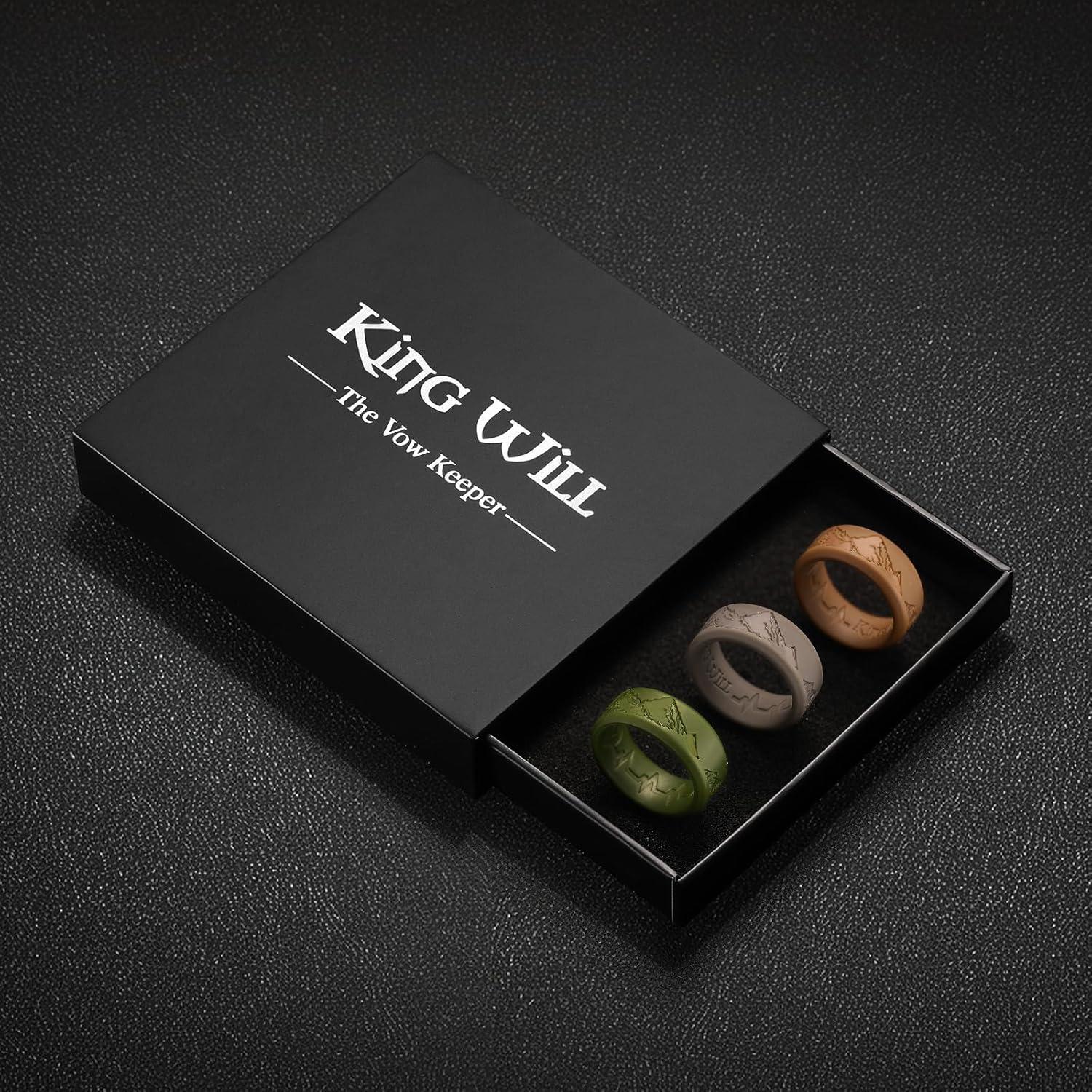 imageKing Will Silicone Rings For Men Rubber Wedding Bands with Unique Mountain Peak Design Multiple Colors 8mm Wide 22mm Thick Comfort Fit Size 713Dark grey Green Brown