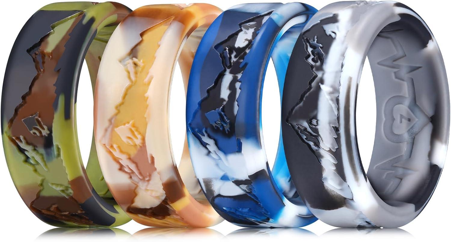 imageKing Will Silicone Rings For Men Rubber Wedding Bands with Unique Mountain Peak Design Multiple Colors 8mm Wide 22mm Thick Comfort Fit Size 713Green Yellow Blue Black Gray Camo