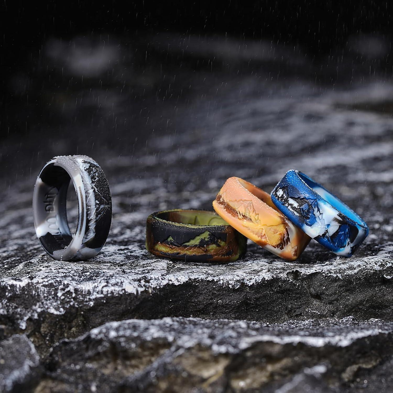 imageKing Will Silicone Rings For Men Rubber Wedding Bands with Unique Mountain Peak Design Multiple Colors 8mm Wide 22mm Thick Comfort Fit Size 713Green Yellow Blue Black Gray Camo