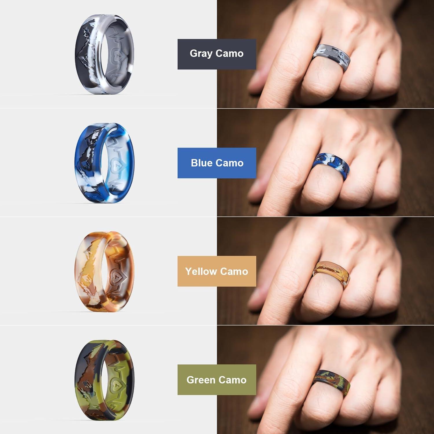 imageKing Will Silicone Rings For Men Rubber Wedding Bands with Unique Mountain Peak Design Multiple Colors 8mm Wide 22mm Thick Comfort Fit Size 713Green Yellow Blue Black Gray Camo