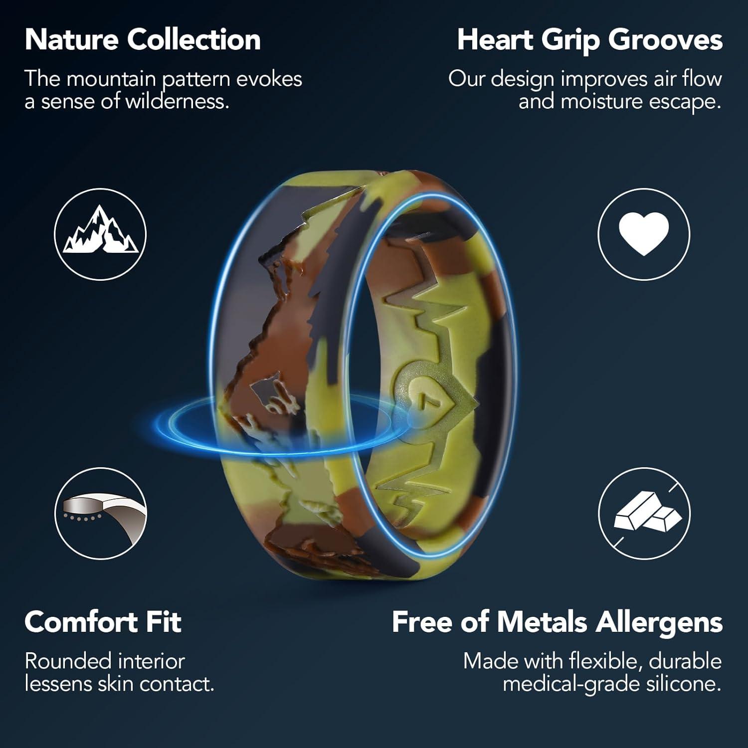 imageKing Will Silicone Rings For Men Rubber Wedding Bands with Unique Mountain Peak Design Multiple Colors 8mm Wide 22mm Thick Comfort Fit Size 713Green Camouflage