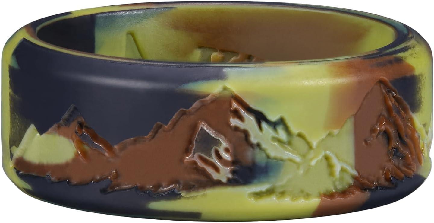 imageKing Will Silicone Rings For Men Rubber Wedding Bands with Unique Mountain Peak Design Multiple Colors 8mm Wide 22mm Thick Comfort Fit Size 713Green Camouflage