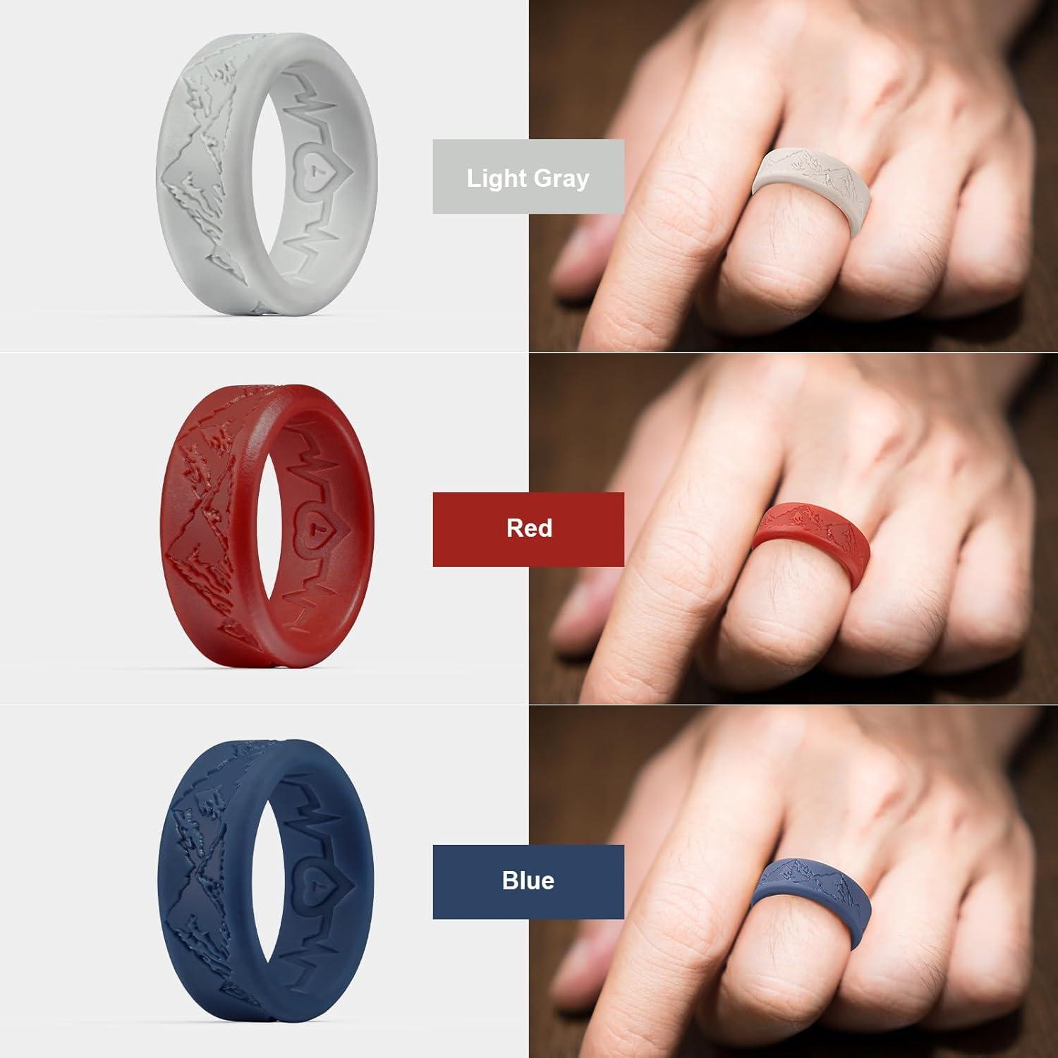 imageKing Will Silicone Rings For Men Rubber Wedding Bands with Unique Mountain Peak Design Multiple Colors 8mm Wide 22mm Thick Comfort Fit Size 713Light grey  Red  blue
