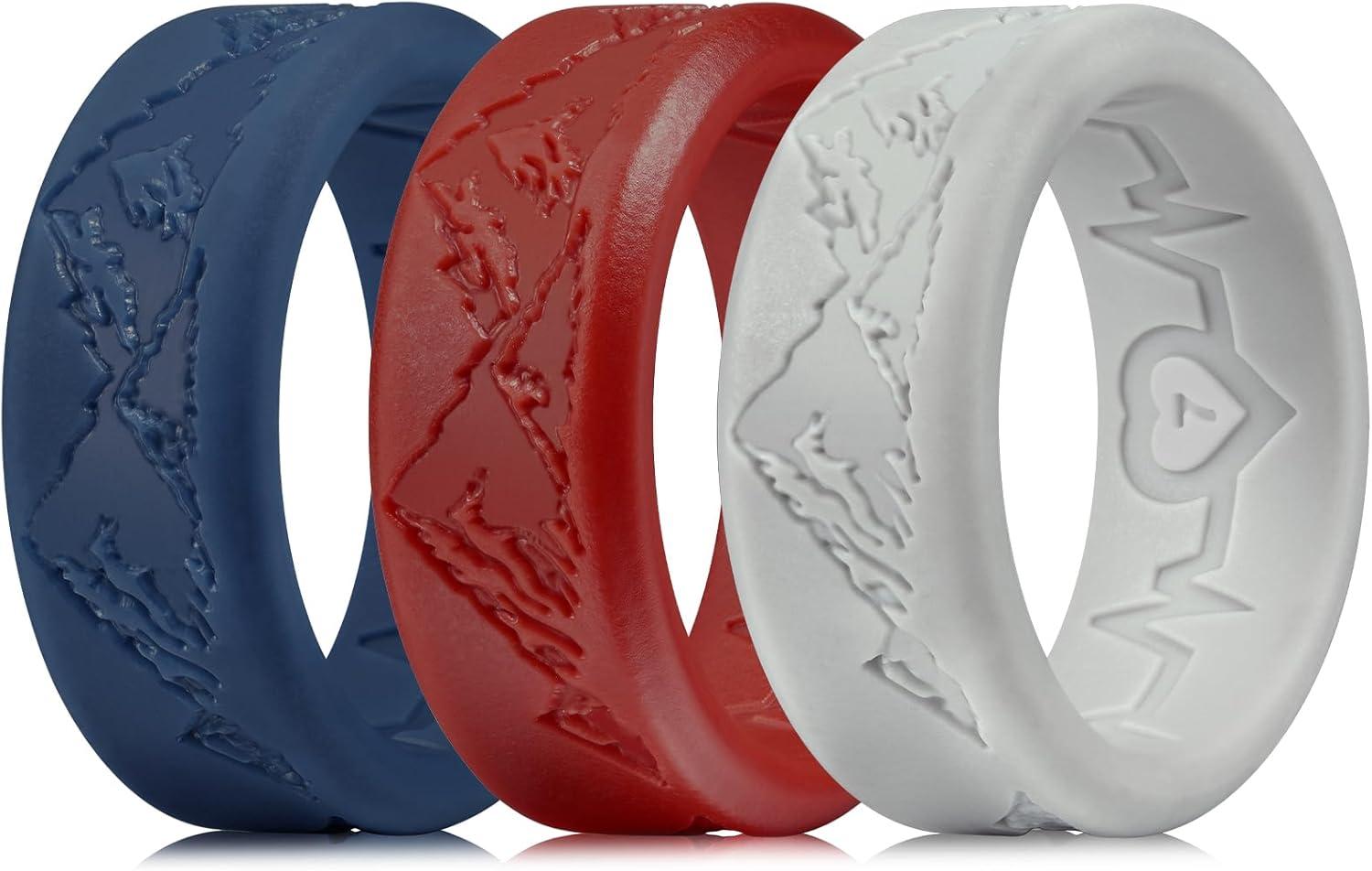 imageKing Will Silicone Rings For Men Rubber Wedding Bands with Unique Mountain Peak Design Multiple Colors 8mm Wide 22mm Thick Comfort Fit Size 713Light grey  Red  blue