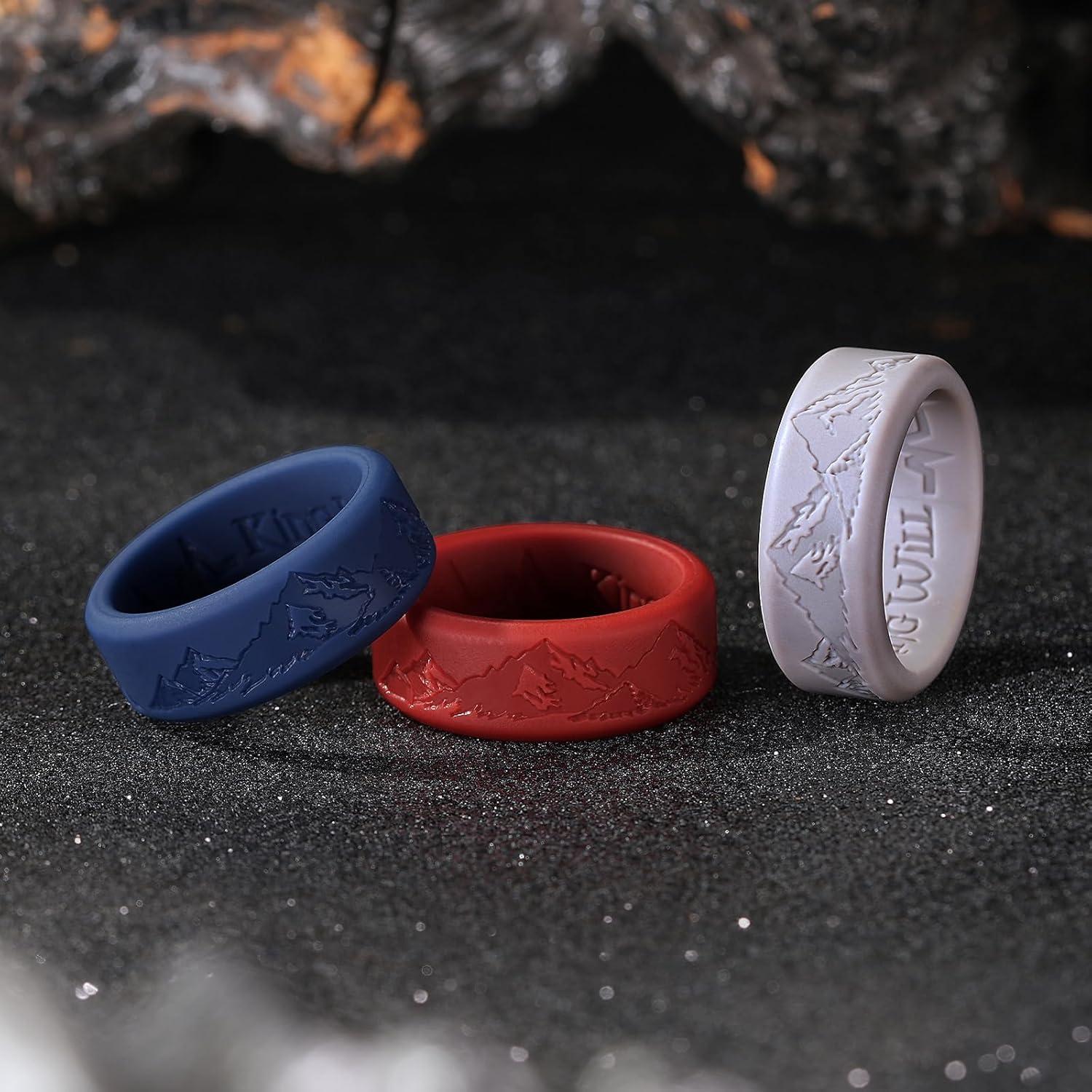 imageKing Will Silicone Rings For Men Rubber Wedding Bands with Unique Mountain Peak Design Multiple Colors 8mm Wide 22mm Thick Comfort Fit Size 713Light grey  Red  blue