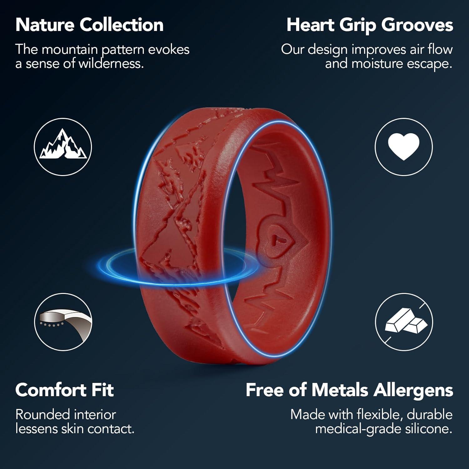 imageKing Will Silicone Rings For Men Rubber Wedding Bands with Unique Mountain Peak Design Multiple Colors 8mm Wide 22mm Thick Comfort Fit Size 713Light grey  Red  blue