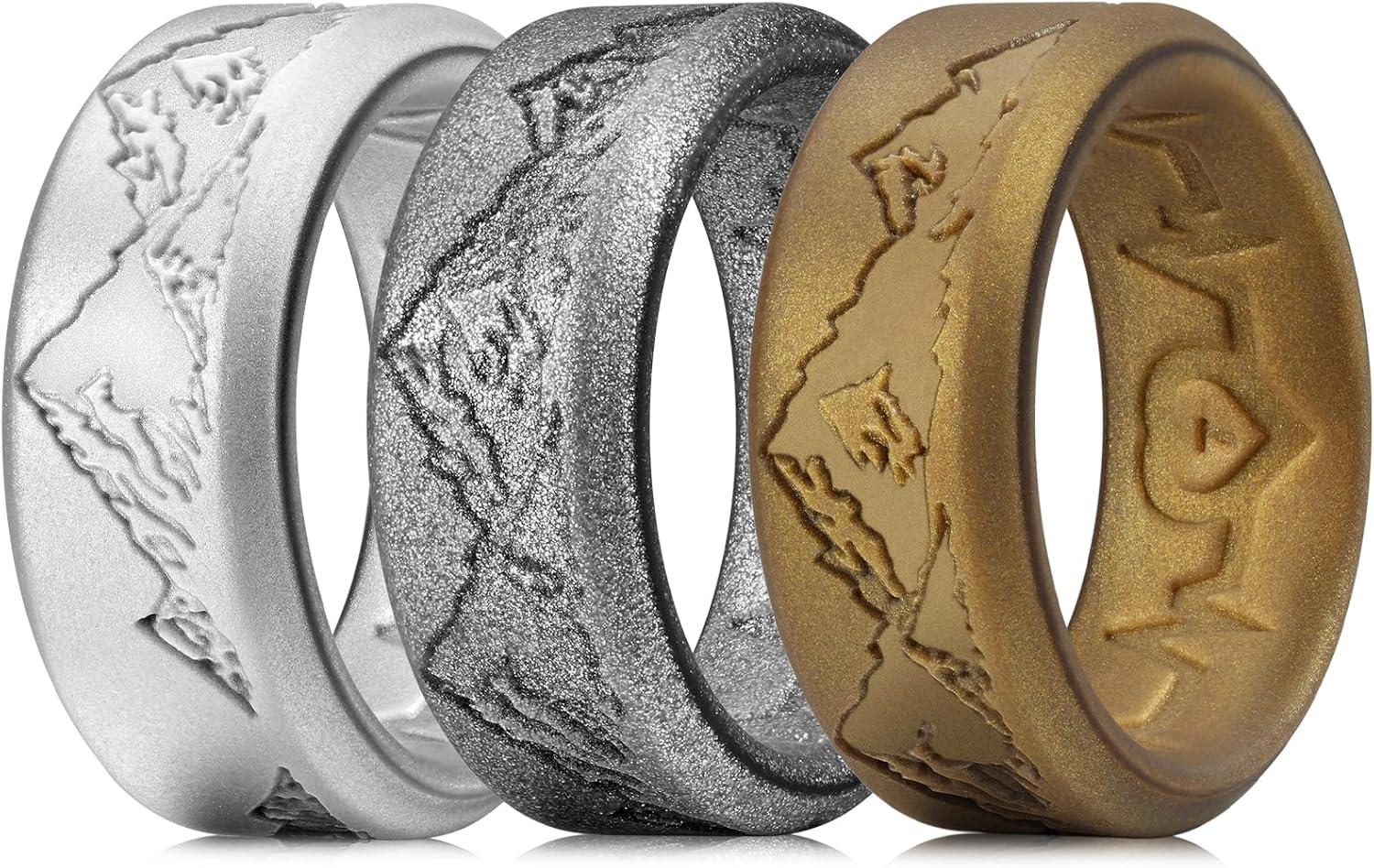 imageKing Will Silicone Rings For Men Rubber Wedding Bands with Unique Mountain Peak Design Multiple Colors 8mm Wide 22mm Thick Comfort Fit Size 713Metallic Copper Gray Silver
