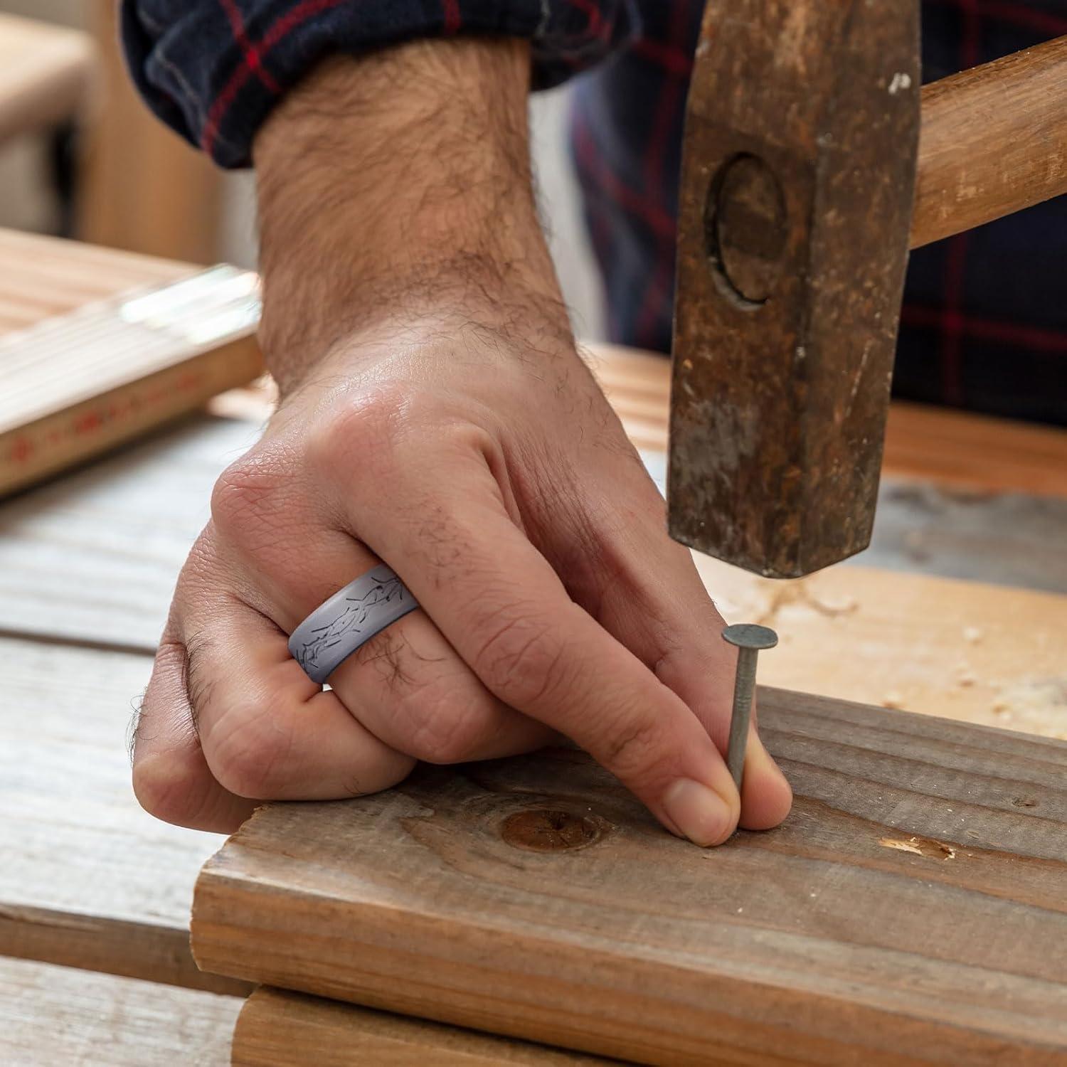 imageKing Will Silicone Rings For Men Rubber Wedding Bands with Unique Mountain Peak Design Multiple Colors 8mm Wide 22mm Thick Comfort Fit Size 713Metallic silver Thorns