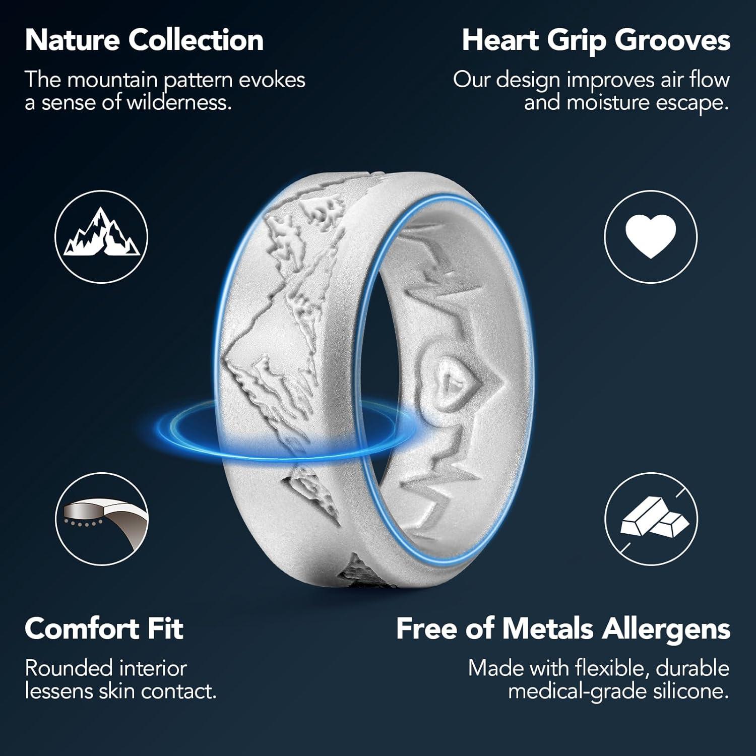 imageKing Will Silicone Rings For Men Rubber Wedding Bands with Unique Mountain Peak Design Multiple Colors 8mm Wide 22mm Thick Comfort Fit Size 713Metallic Copper Gray Silver