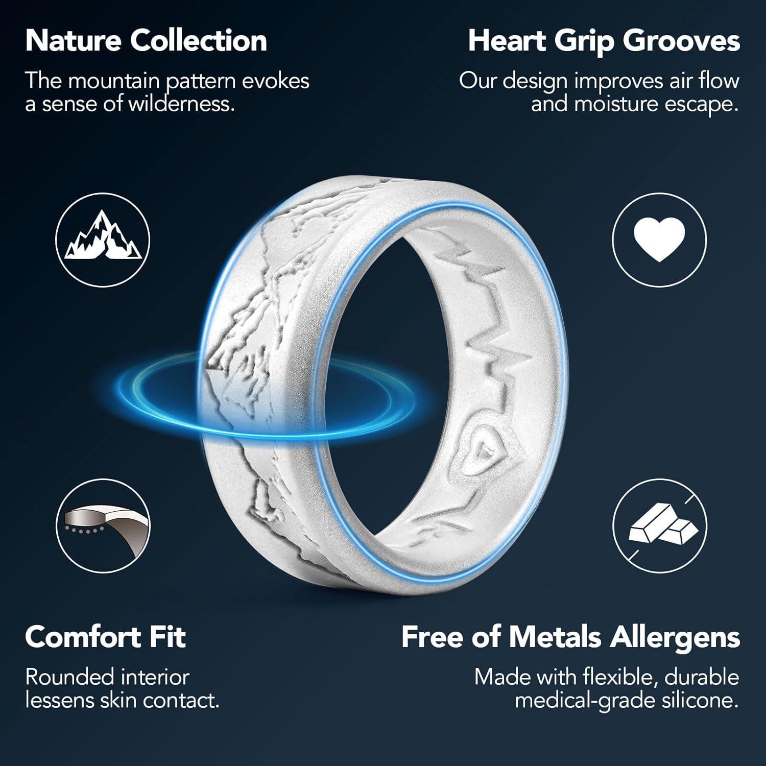 imageKing Will Silicone Rings For Men Rubber Wedding Bands with Unique Mountain Peak Design Multiple Colors 8mm Wide 22mm Thick Comfort Fit Size 713Metallic silver