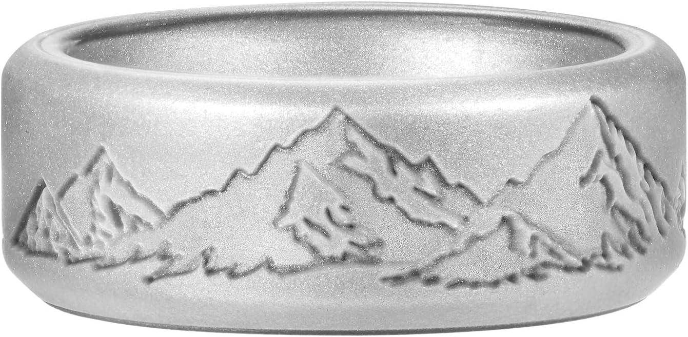 imageKing Will Silicone Rings For Men Rubber Wedding Bands with Unique Mountain Peak Design Multiple Colors 8mm Wide 22mm Thick Comfort Fit Size 713Metallic silver