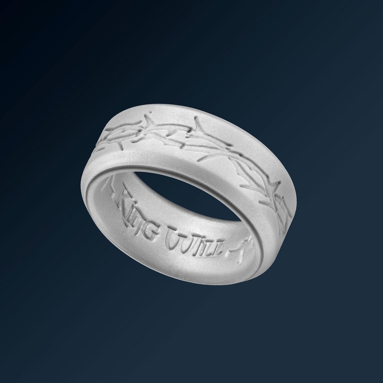 imageKing Will Silicone Rings For Men Rubber Wedding Bands with Unique Mountain Peak Design Multiple Colors 8mm Wide 22mm Thick Comfort Fit Size 713Metallic silver Thorns