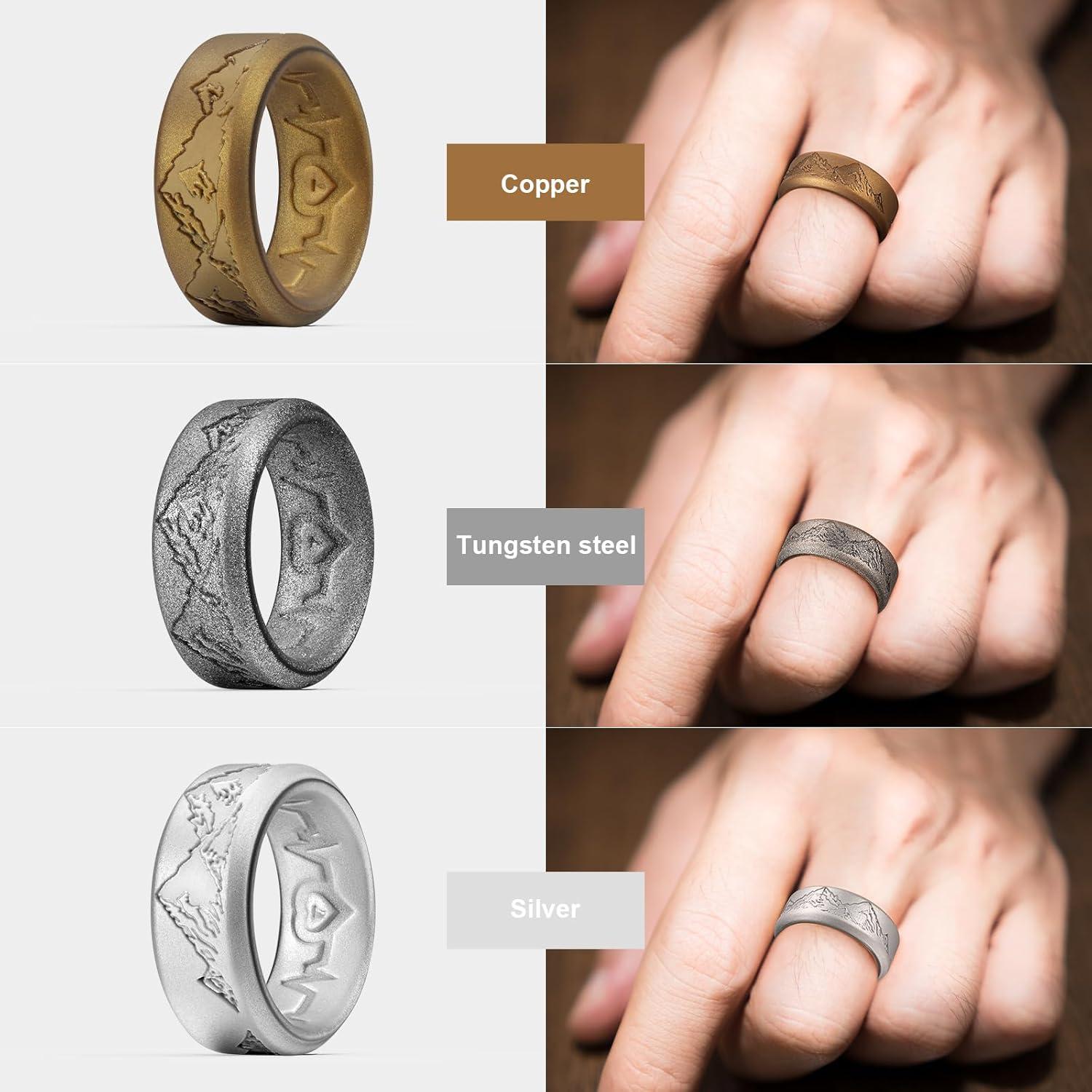 imageKing Will Silicone Rings For Men Rubber Wedding Bands with Unique Mountain Peak Design Multiple Colors 8mm Wide 22mm Thick Comfort Fit Size 713Metallic Copper Gray Silver