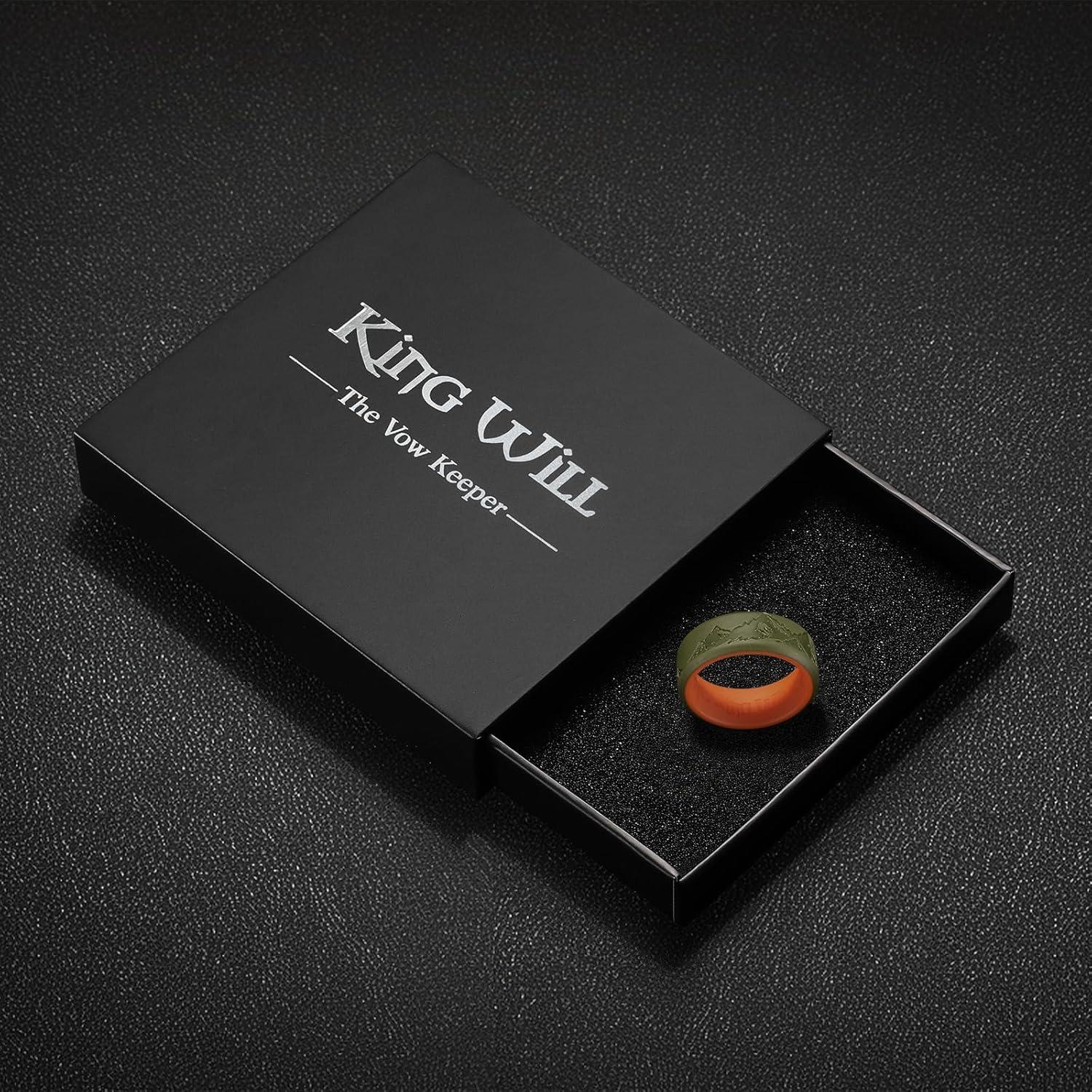 imageKing Will Silicone Rings For Men Rubber Wedding Bands with Unique Mountain Peak Design Multiple Colors 8mm Wide 22mm Thick Comfort Fit Size 713Olive Green Orange