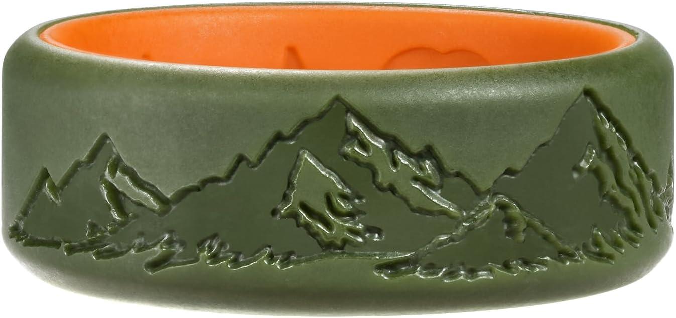imageKing Will Silicone Rings For Men Rubber Wedding Bands with Unique Mountain Peak Design Multiple Colors 8mm Wide 22mm Thick Comfort Fit Size 713Olive Green Orange