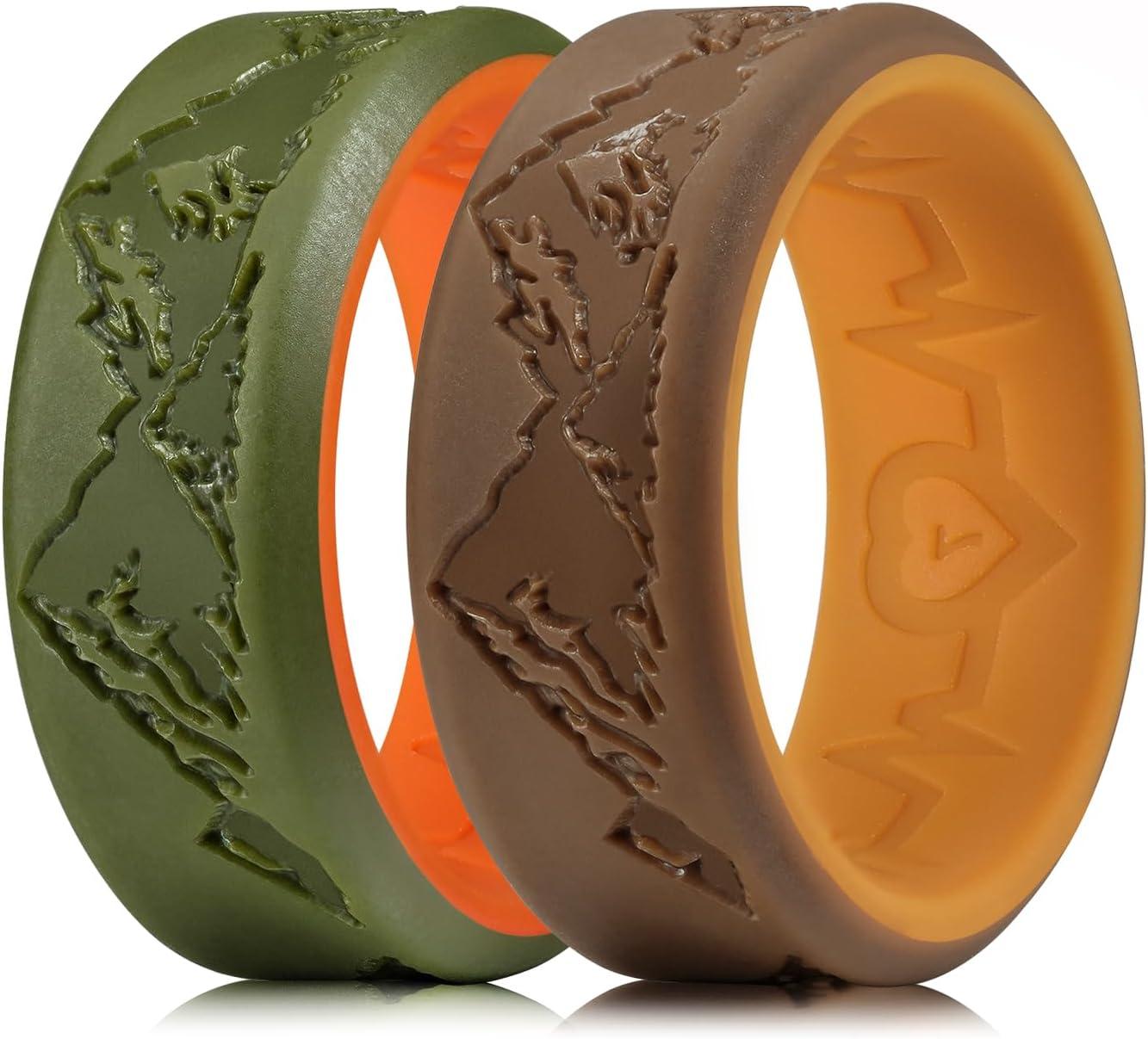imageKing Will Silicone Rings For Men Rubber Wedding Bands with Unique Mountain Peak Design Multiple Colors 8mm Wide 22mm Thick Comfort Fit Size 713Olive GreenOrange BrownChestnut yellow