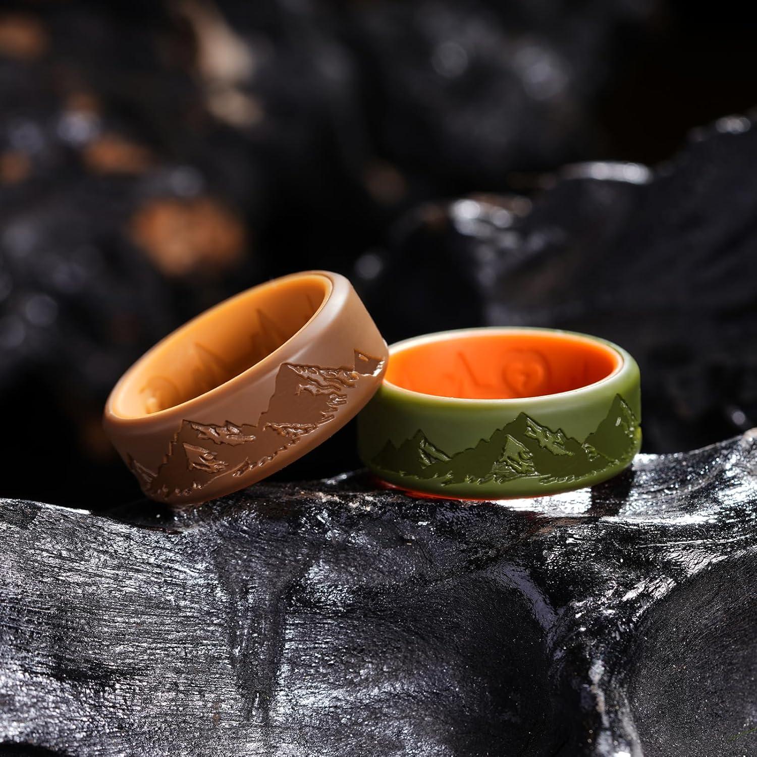 imageKing Will Silicone Rings For Men Rubber Wedding Bands with Unique Mountain Peak Design Multiple Colors 8mm Wide 22mm Thick Comfort Fit Size 713Olive GreenOrange BrownChestnut yellow