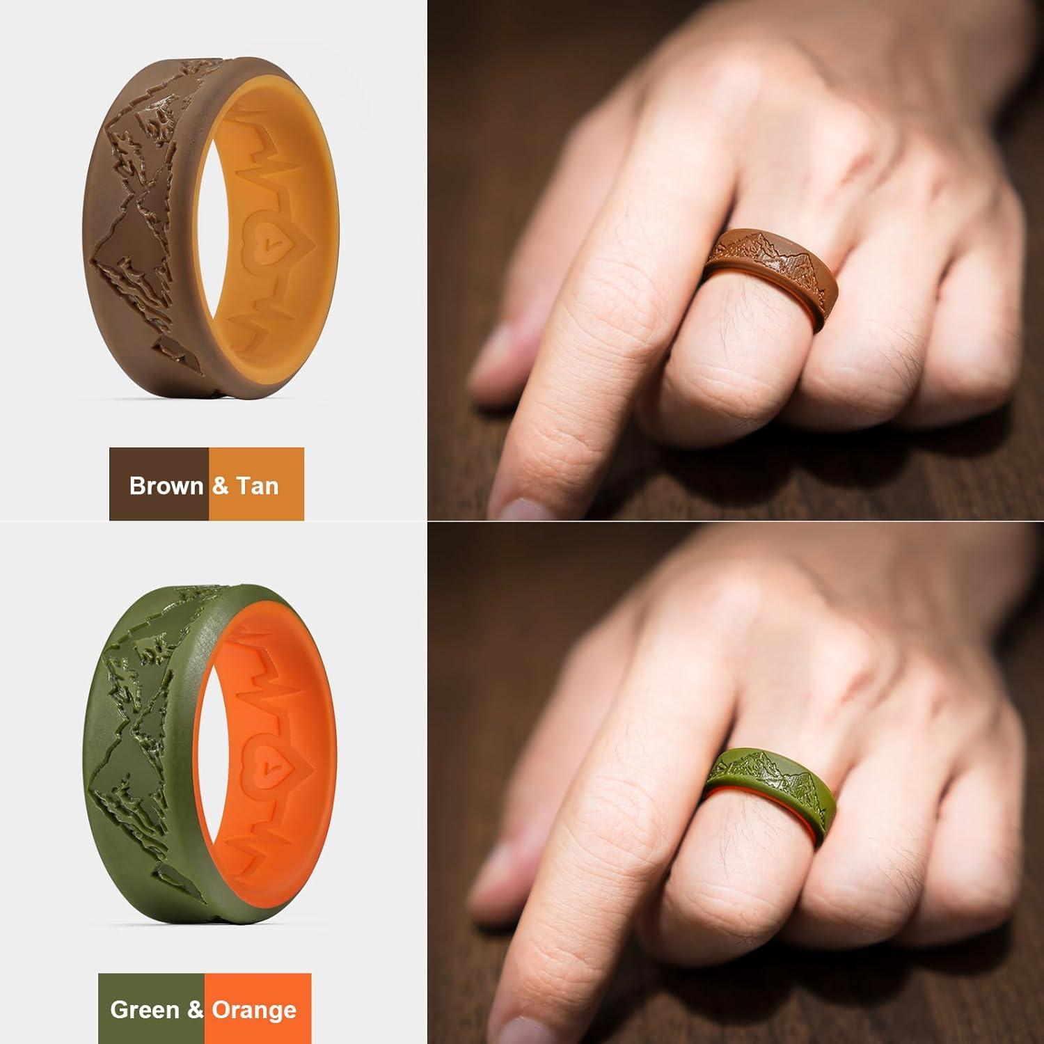 imageKing Will Silicone Rings For Men Rubber Wedding Bands with Unique Mountain Peak Design Multiple Colors 8mm Wide 22mm Thick Comfort Fit Size 713Olive GreenOrange BrownChestnut yellow
