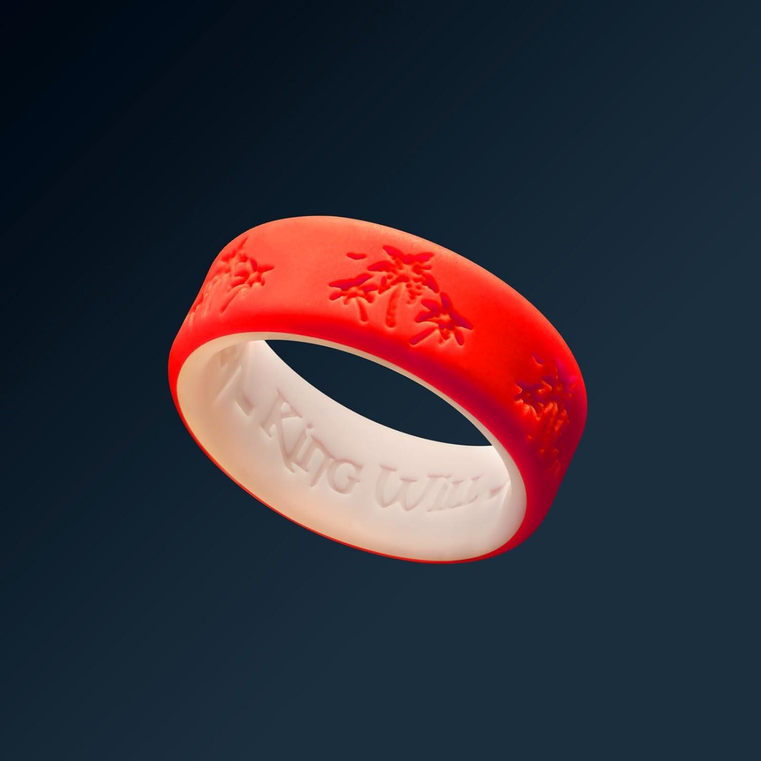 imageKing Will Silicone Rings For Men Rubber Wedding Bands with Unique Mountain Peak Design Multiple Colors 8mm Wide 22mm Thick Comfort Fit Size 713Red  Orange yellow Coconut tree