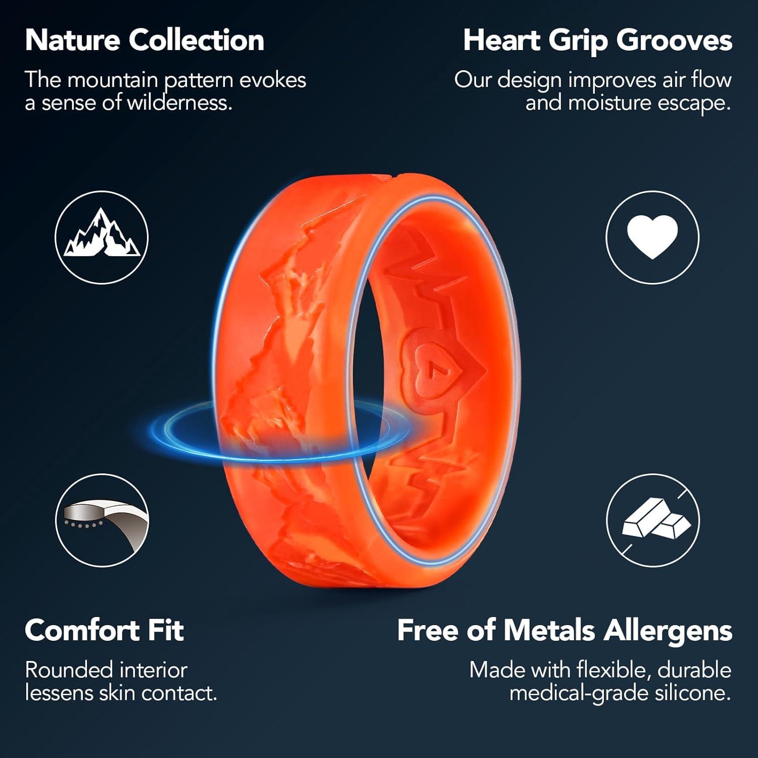 imageKing Will Silicone Rings For Men Rubber Wedding Bands with Unique Mountain Peak Design Multiple Colors 8mm Wide 22mm Thick Comfort Fit Size 713Reddish Camouflage