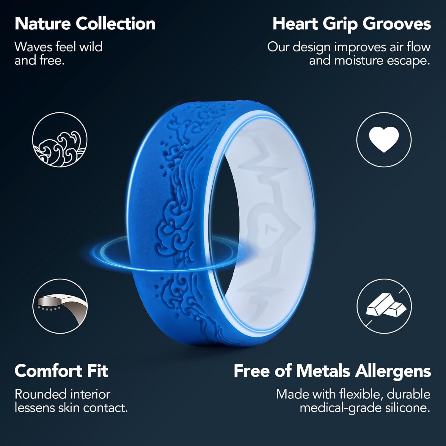 imageKing Will Silicone Rings For Men Rubber Wedding Bands with Unique Mountain Peak Design Multiple Colors 8mm Wide 22mm Thick Comfort Fit Size 713TwoTone Blue Ocean waves
