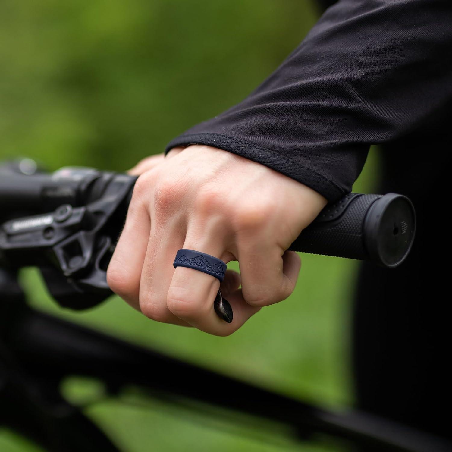 imageKing Will Silicone Rings For Men Rubber Wedding Bands with Unique Mountain Peak Design Multiple Colors 8mm Wide 22mm Thick Comfort Fit Size 713TwoTone Blue