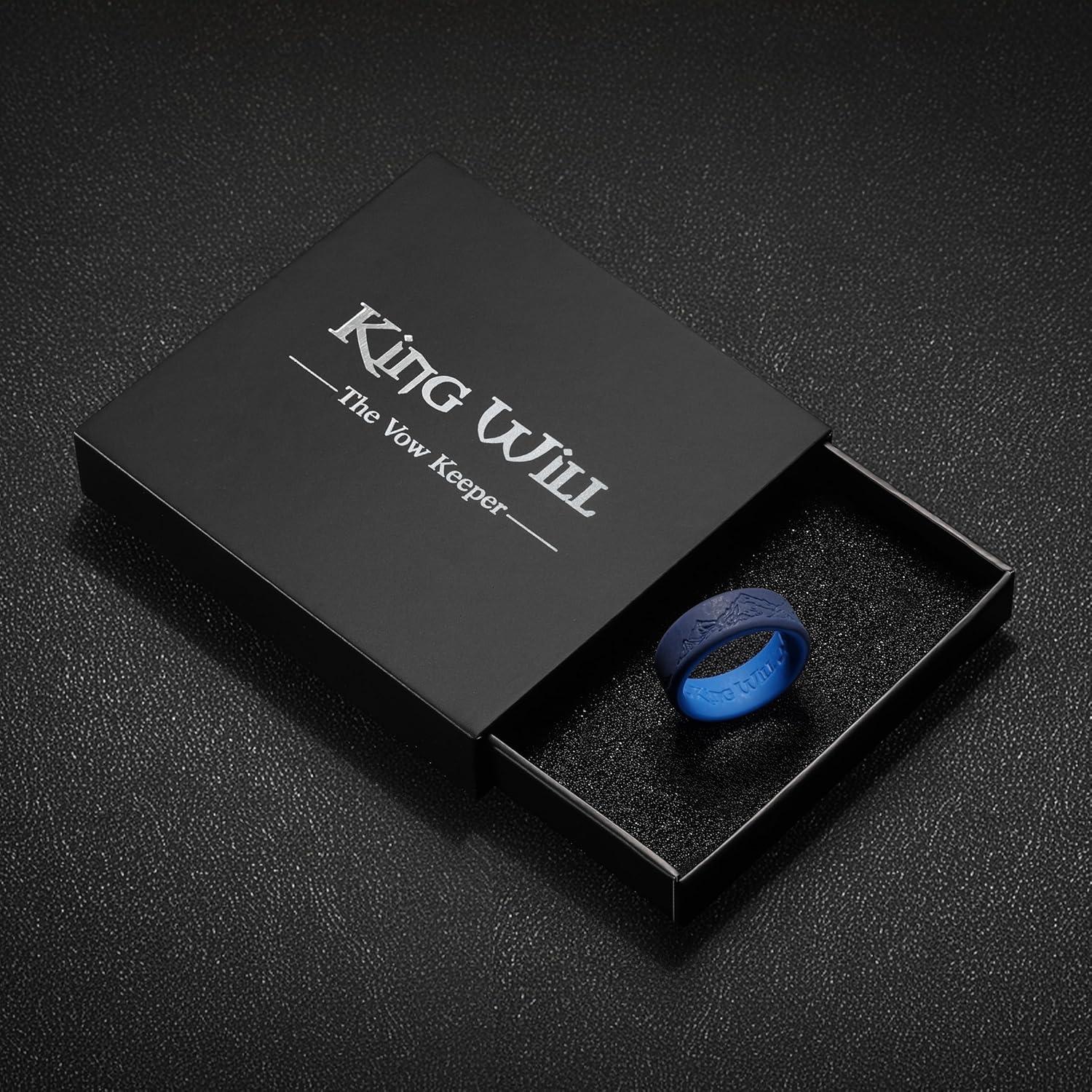 imageKing Will Silicone Rings For Men Rubber Wedding Bands with Unique Mountain Peak Design Multiple Colors 8mm Wide 22mm Thick Comfort Fit Size 713TwoTone Blue