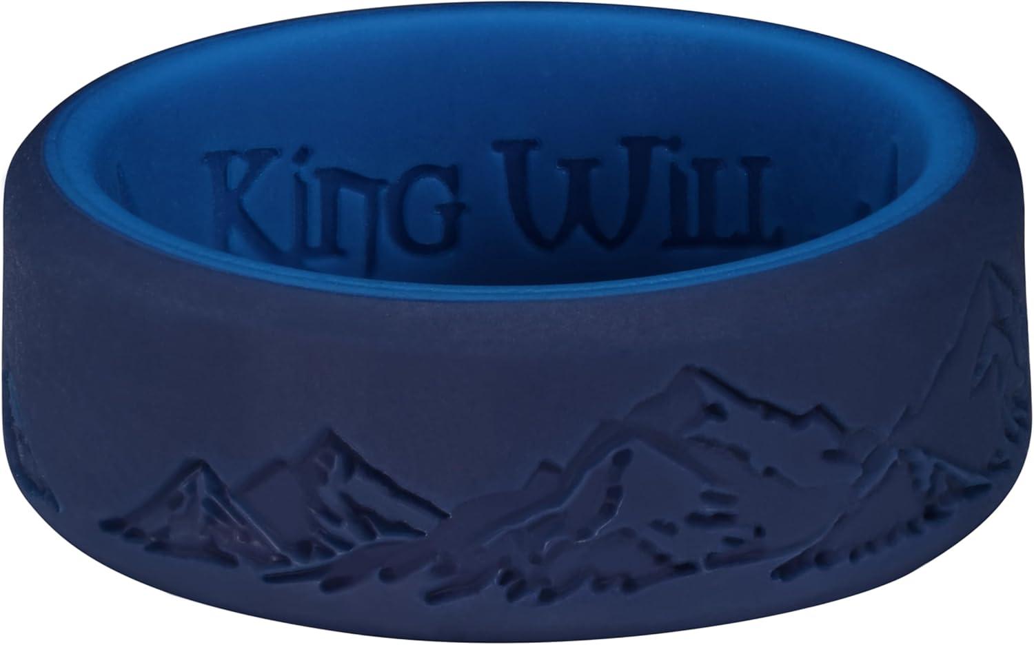 imageKing Will Silicone Rings For Men Rubber Wedding Bands with Unique Mountain Peak Design Multiple Colors 8mm Wide 22mm Thick Comfort Fit Size 713TwoTone Blue
