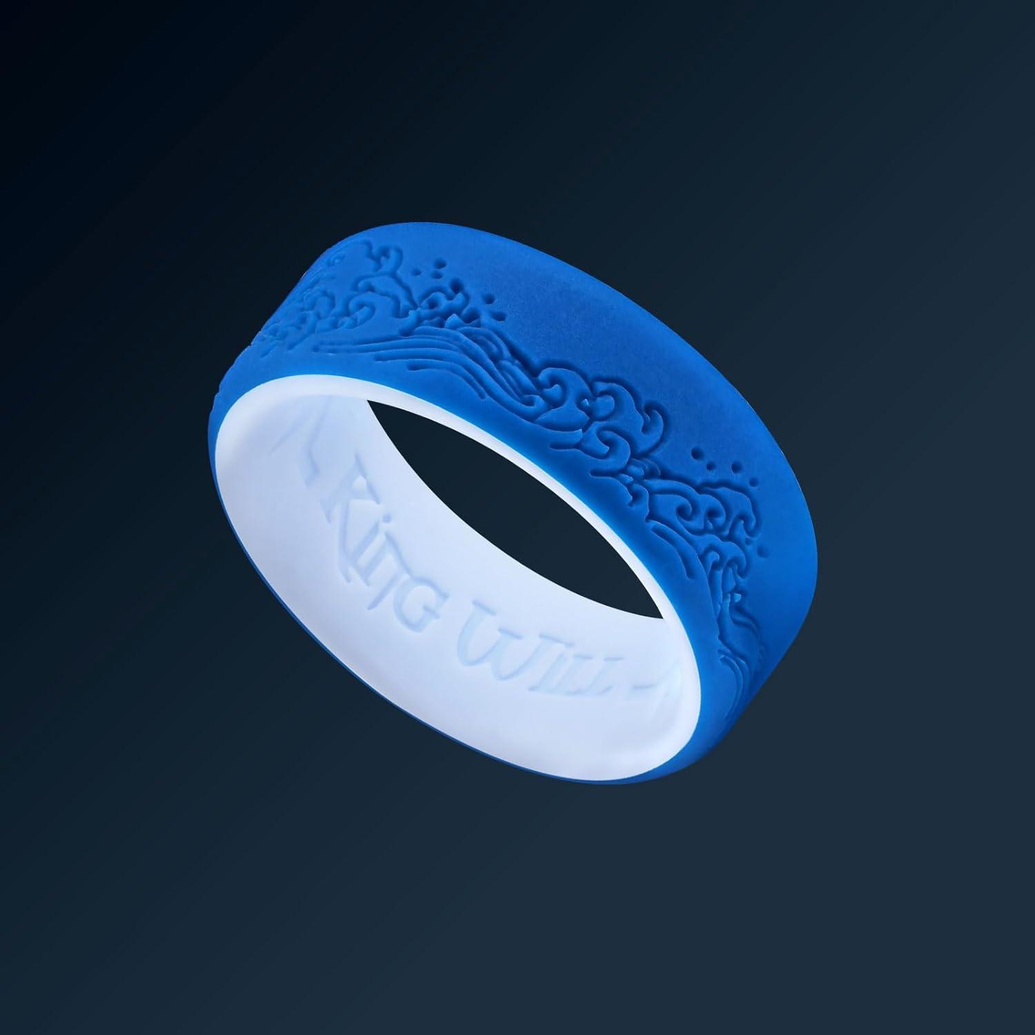 imageKing Will Silicone Rings For Men Rubber Wedding Bands with Unique Mountain Peak Design Multiple Colors 8mm Wide 22mm Thick Comfort Fit Size 713TwoTone Blue Ocean waves