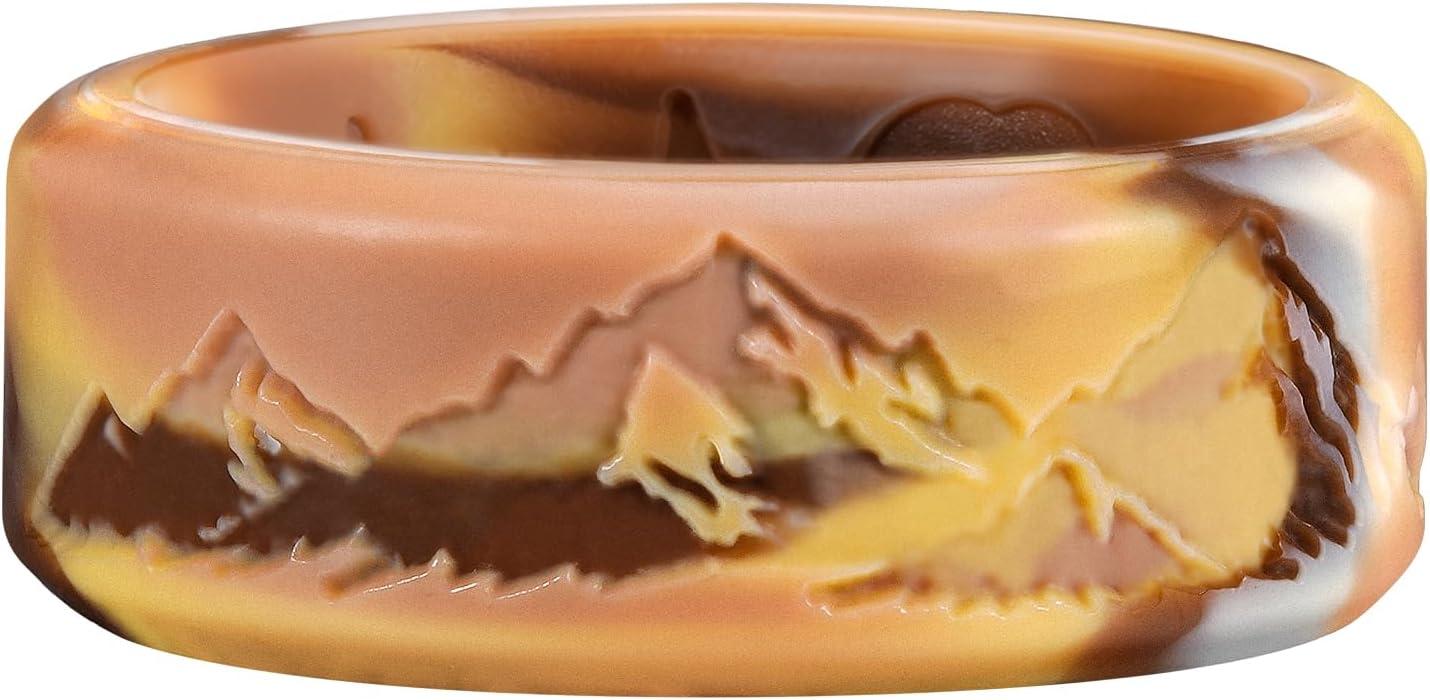 imageKing Will Silicone Rings For Men Rubber Wedding Bands with Unique Mountain Peak Design Multiple Colors 8mm Wide 22mm Thick Comfort Fit Size 713Yellow Camouflage
