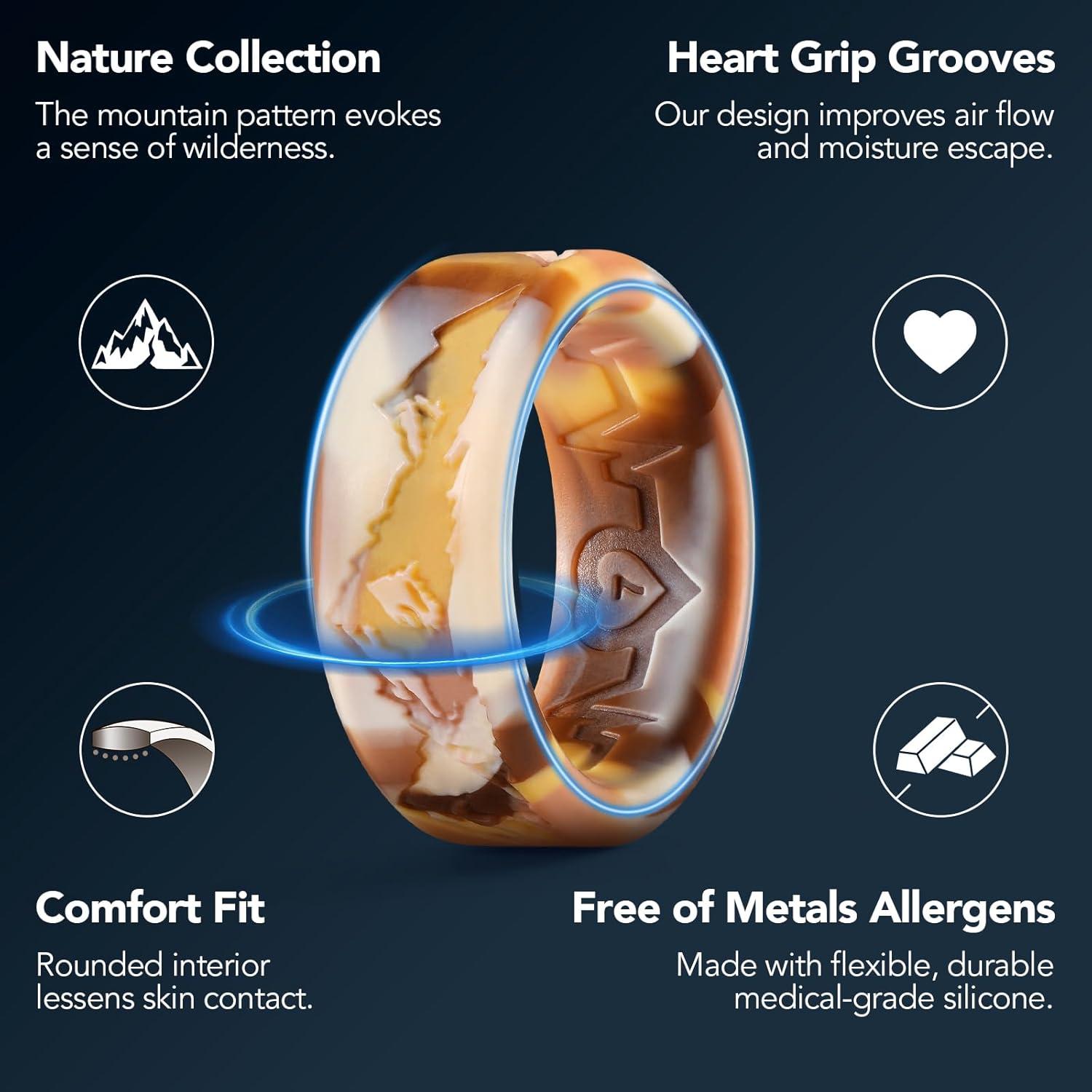 imageKing Will Silicone Rings For Men Rubber Wedding Bands with Unique Mountain Peak Design Multiple Colors 8mm Wide 22mm Thick Comfort Fit Size 713Yellow Camouflage