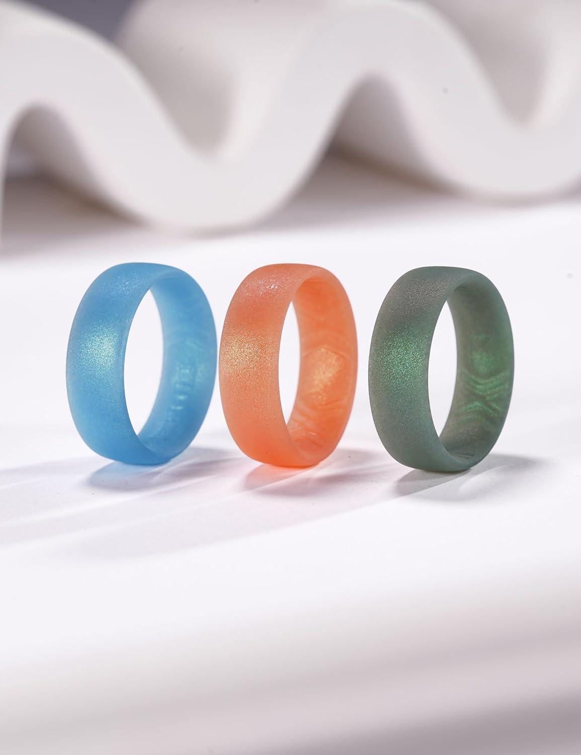 imageKing Will Silicone Wedding Band for Men Women 18mm Ultra Thin Ring 3 Packs in CamouflageUnique Pattern Comfort Grip Inner Design Hypoallergenic Rubber Ring for Gym Work Travel Size 713Green Blue Orange