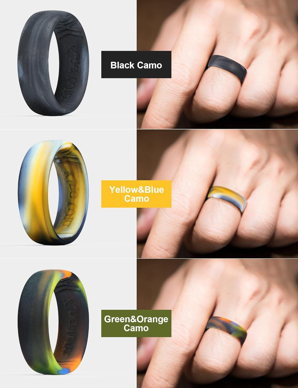imageKing Will Silicone Wedding Band for Men Women 18mm Ultra Thin Ring 3 Packs in CamouflageUnique Pattern Comfort Grip Inner Design Hypoallergenic Rubber Ring for Gym Work Travel Size 713Camouflage