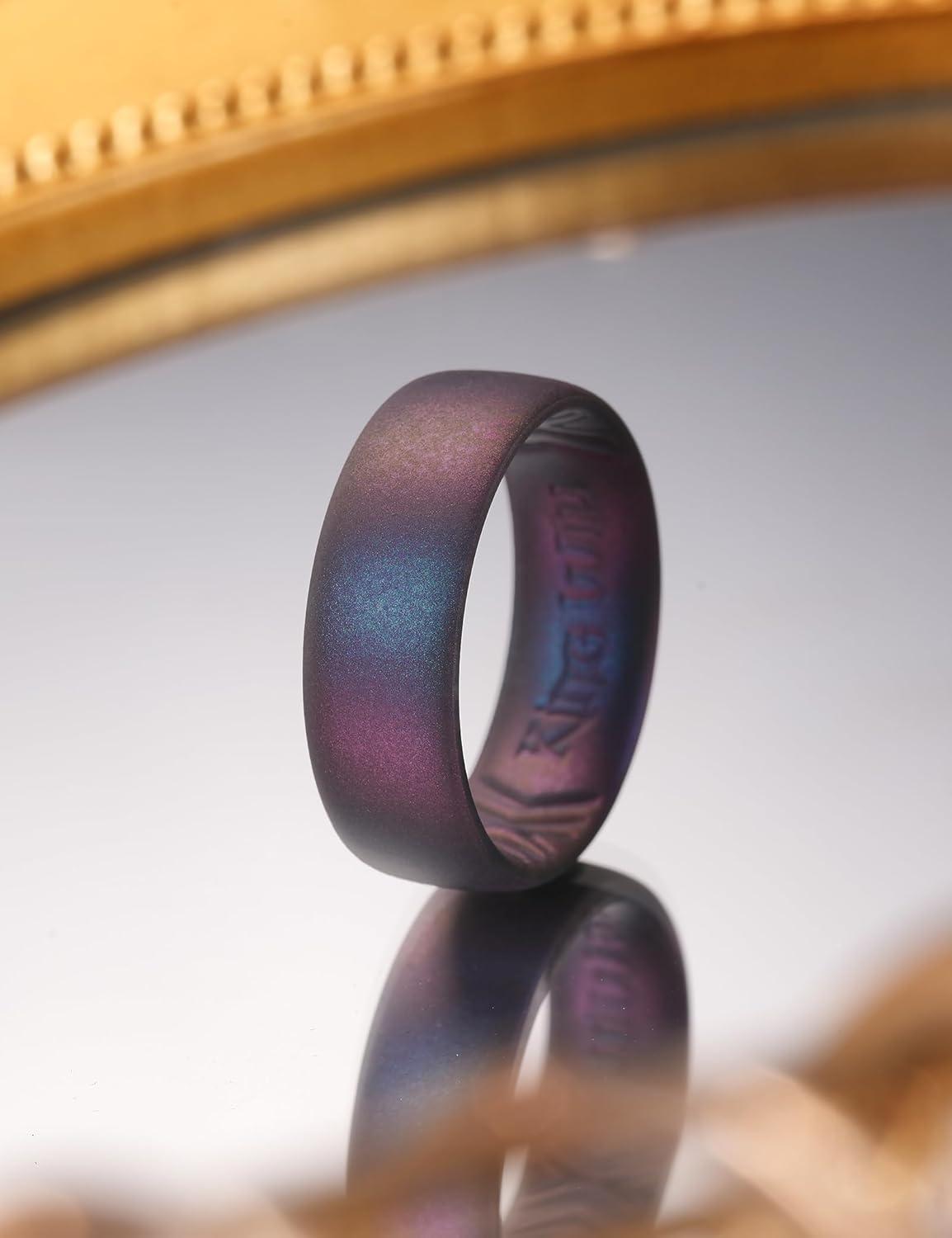 imageKing Will Silicone Wedding Band for Men Women 18mm Ultra Thin Ring 3 Packs in CamouflageUnique Pattern Comfort Grip Inner Design Hypoallergenic Rubber Ring for Gym Work Travel Size 713Green Purple